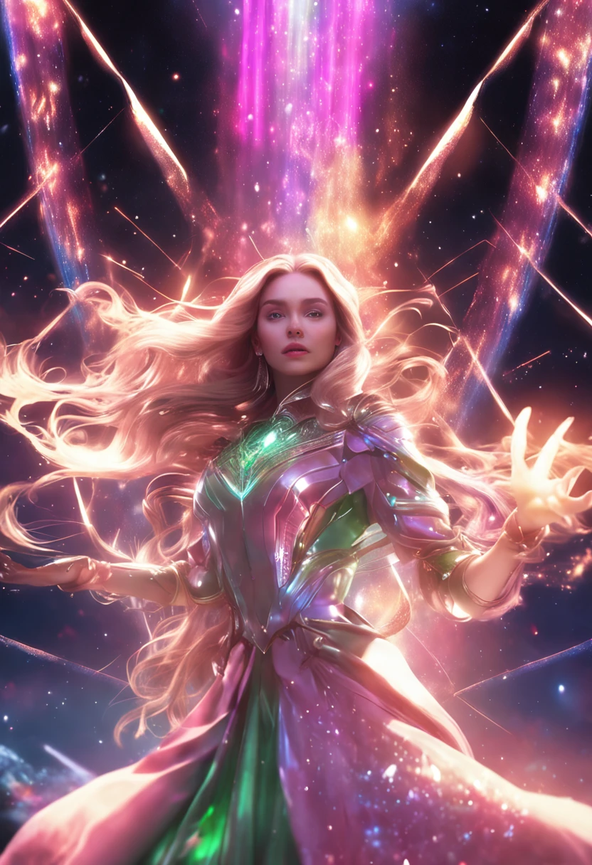 4K Ultra HD, Masterpiece, A girl with a magical aura, Good face, Long hair, shinny hair, Detailed eyes, Glossy lips, wearing a gold dress, The aura around the body, Magical effect, Sprawling green and pink lights, Cosmic elements and ethereal atmosphere, A mix of bright lights and colorful nebulae, universe background, Sitting, Full body capture.