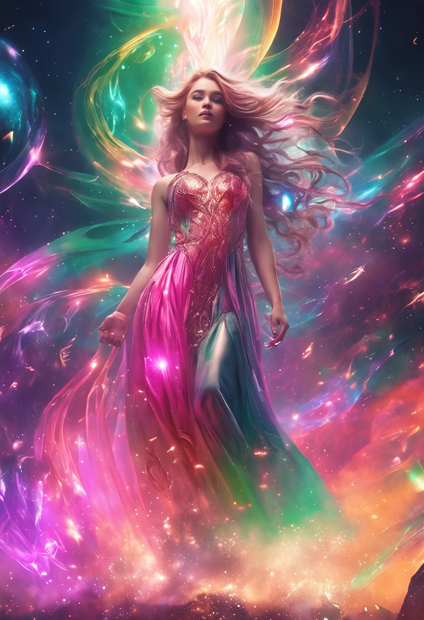 4K Ultra HD, Masterpiece, A girl with a magical aura, Good face, Long hair, shinny hair, Detailed eyes, Glossy lips, wearing a gold dress, The aura around the body, Magical effect, Sprawling green and pink lights, Cosmic elements and ethereal atmosphere, A mix of bright lights and colorful nebulae, universe background, Sitting, Full body capture.