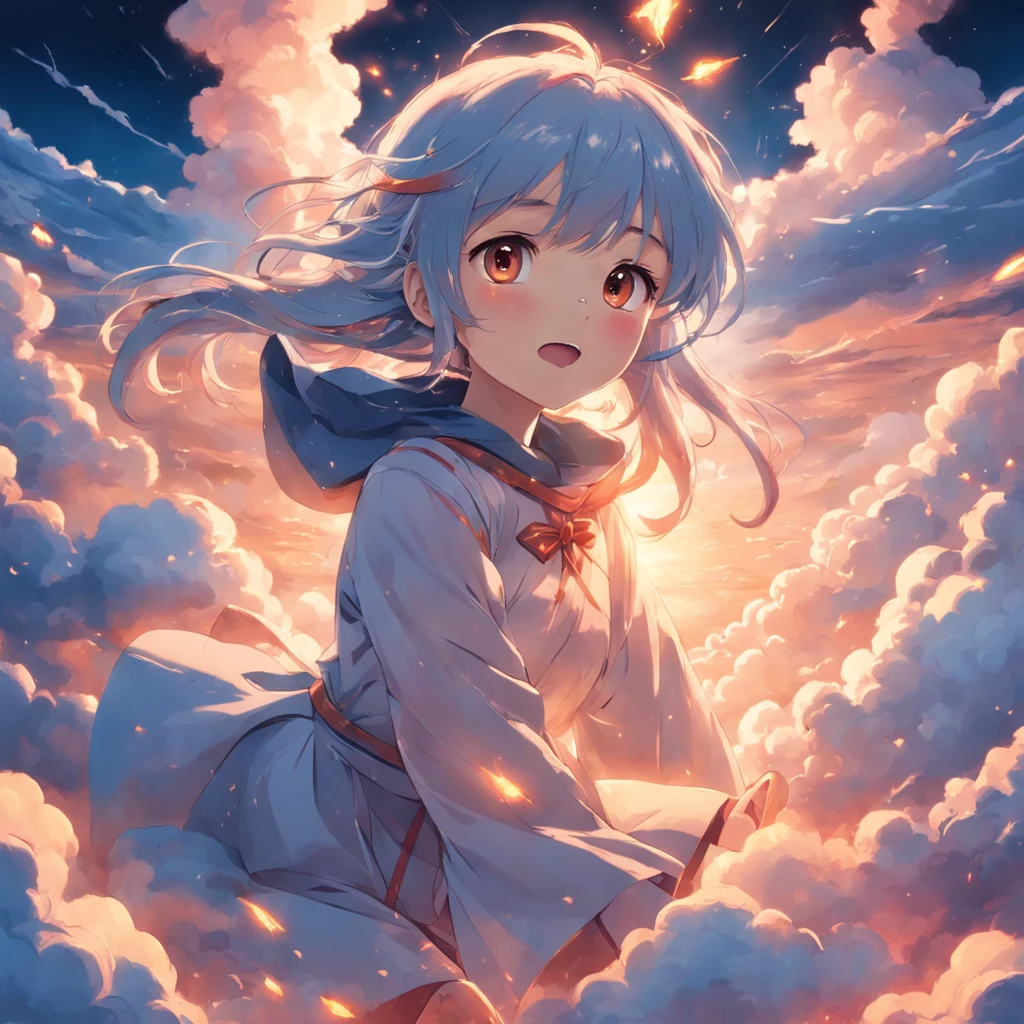 masterpiece, best quality, movie still, 1girl, cloud girl, floating in the sky, close-up, bright, happy, warm soft lighting, sunset, (sparks:0.7)
