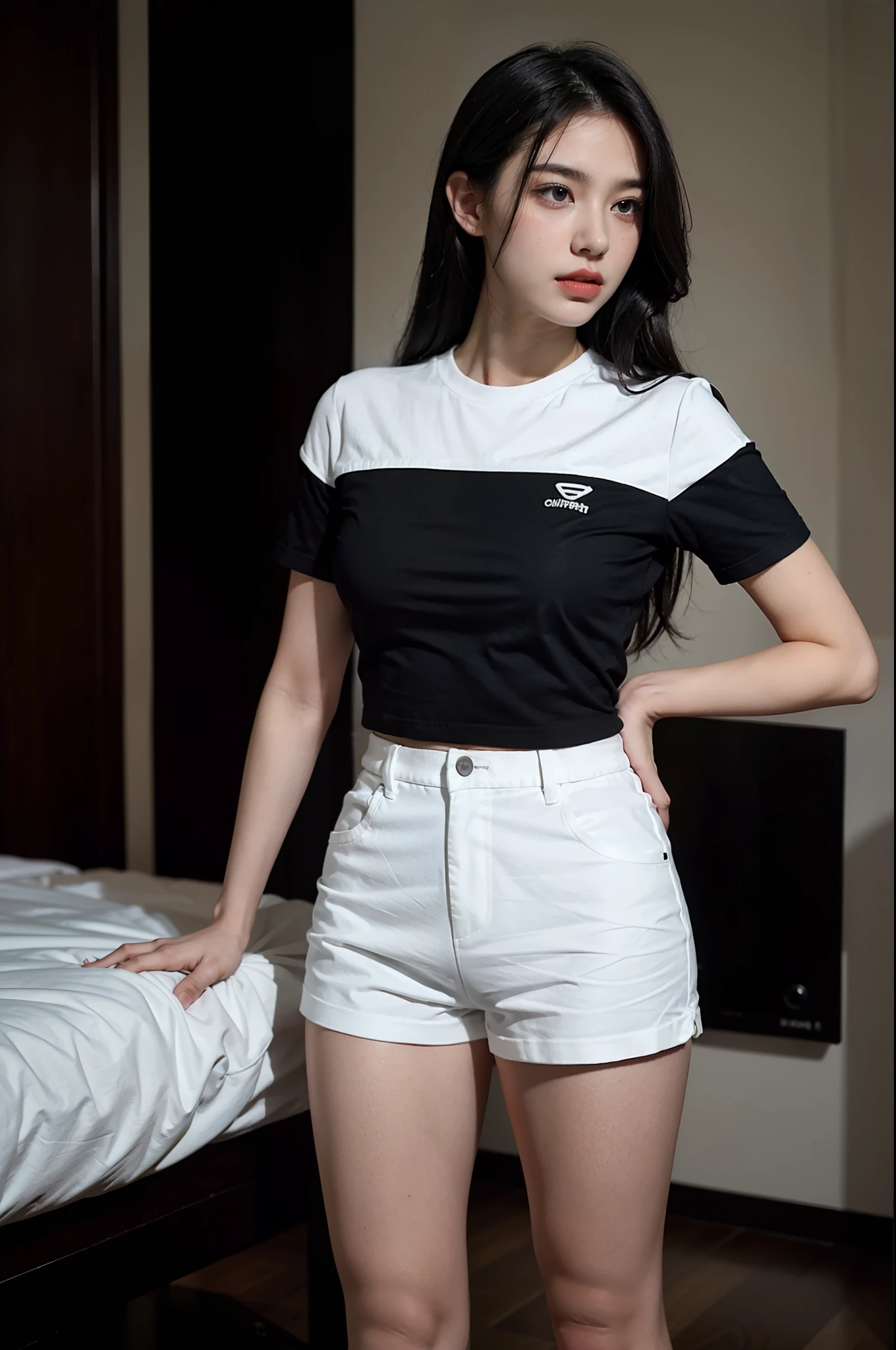 best qualtiy, Full body like,Cinematic shots,Refined face,pretty face,20yo Woman,Super good figure,white short sleeve,Black shorts,interior scenes,