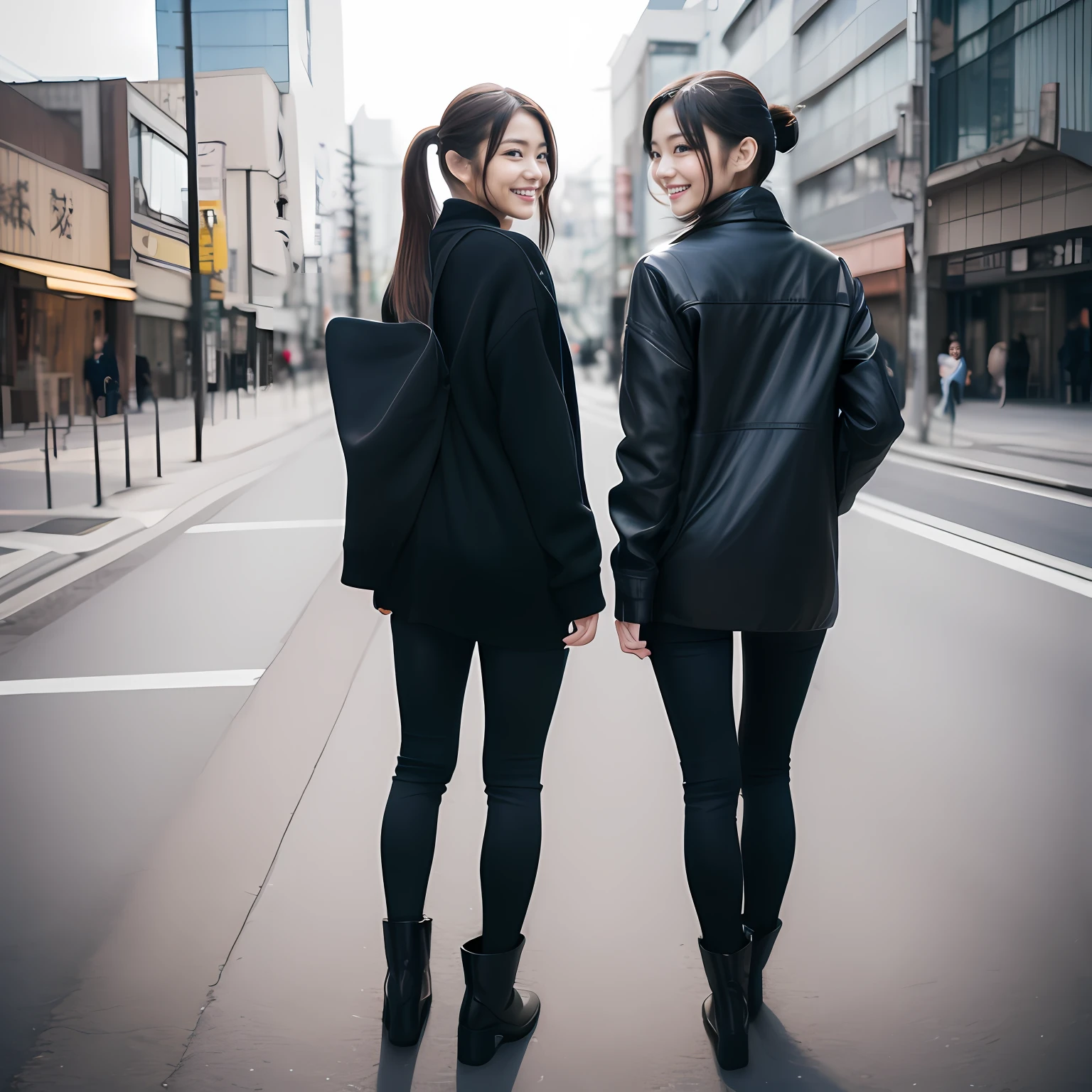 ((Japan beautiful girl))18year old、childish、poneyTail(Full body shot 1.5)、A dark-haired、8K、Super beautiful、masterpiece、a beauty girl、(((Turnaround 1.8)))、(smile1.3)、posterior view、Wear long black boots、Background in the city、Intersection in the background、Background building、real looking skin、Beautiful skins、A mischievous smile、Super beauty、childish、japanes、Turned、collateral、Constriction of the lower back、Tight buttocks、small ass、stick out buttocks、Turn your back to us、-facets Style、White pants style、Put on a jacket over the top、