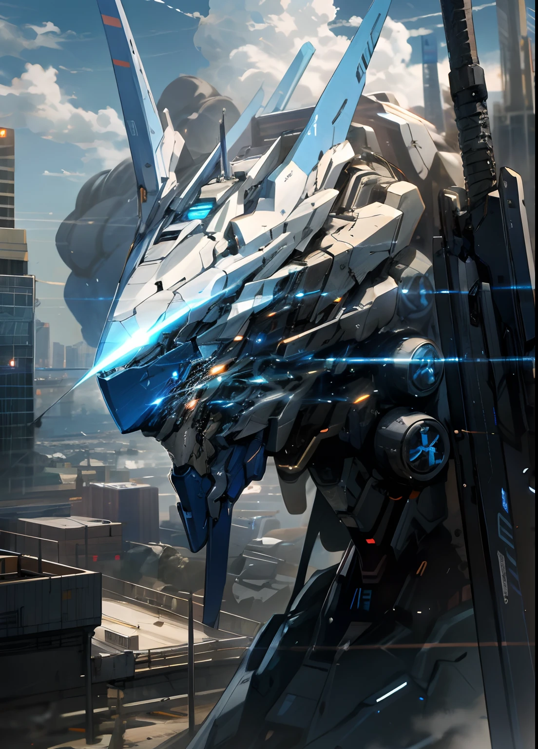 sky, cloud, holding_weapon, no_humans, glowing, , blue robot, building, glowing_eyes, mecha, science_fiction, city, realistic,mecha, close up, professional photograph