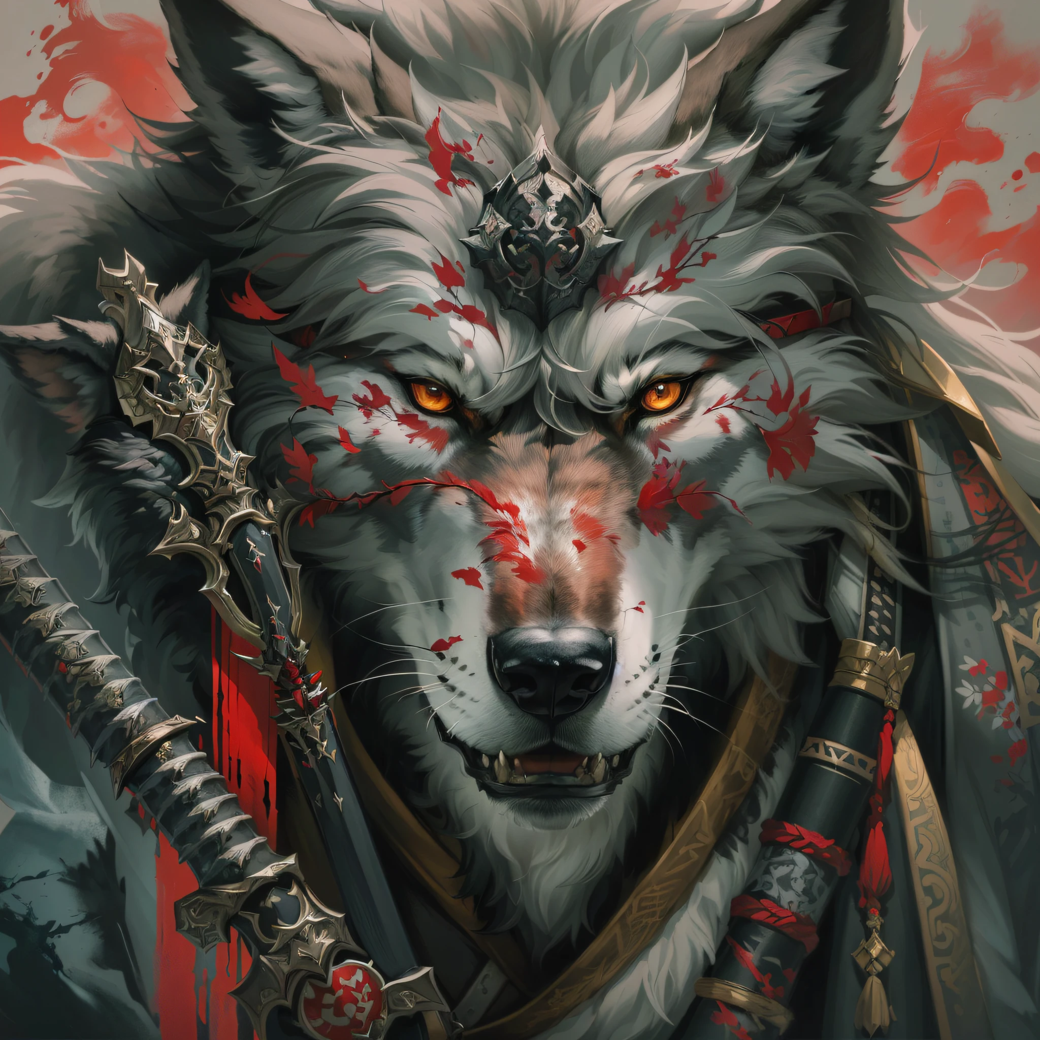 Drawing of a wolf with a sword and a face splattered with blood, Portrait of a fantasy wolf, Great Wolf, full art illustration, wolf armor, Fenrir, Grimm - Wolf, furry fantasy art, onmyoji detailed art, portrait of a bloodborne hunter, Portrait of the Hill, anthropomorphic wolf, portrait onmyoji