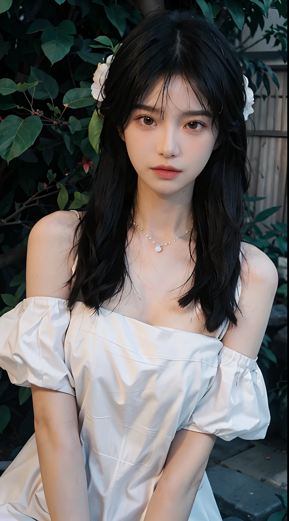best qualtiy, Ultra-high resolution, (realisticlying:1.4),cute hairpin,Baoyu Girl,European style apartment,(flatchest:1.2) ,A pair of clear and moving peach blossom eyes,Royal Sister,sunshine on face,Big waves,(ln the forest:1.4),(choker necklace:1.2),(Fair skin:1.4),a sense of atmosphere,a beauty girl, ssmile,head straight-looking at viewer, closeup cleavage ,(Photorealistic:1.4),1girll,sexly,(Upper body:1.4),(Wet body),(:1.2)