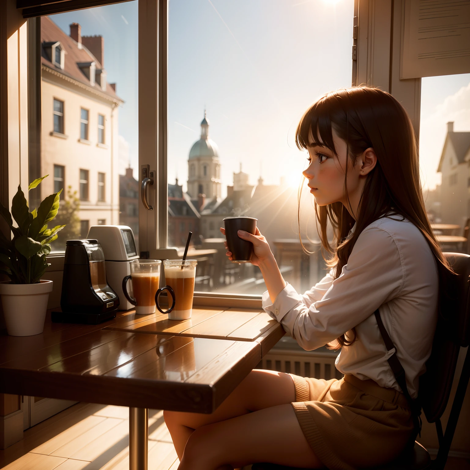Afternoon time,Inside the café,A normally dressed teenage girl sits at a table drinking coffee,Sunlight shines through the windows