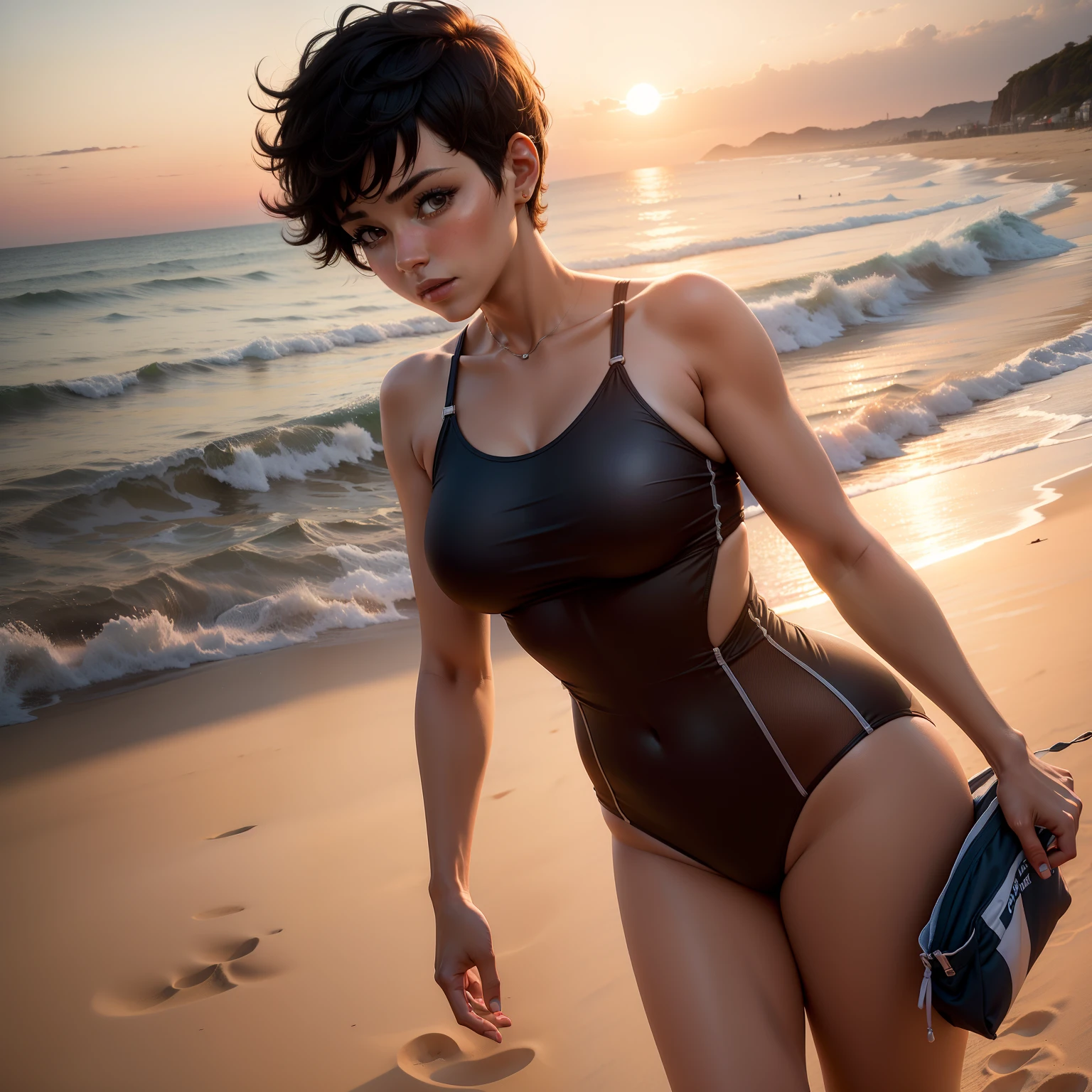 Woman in short cut in swimsuit on sandy beach Staring in the setting sun