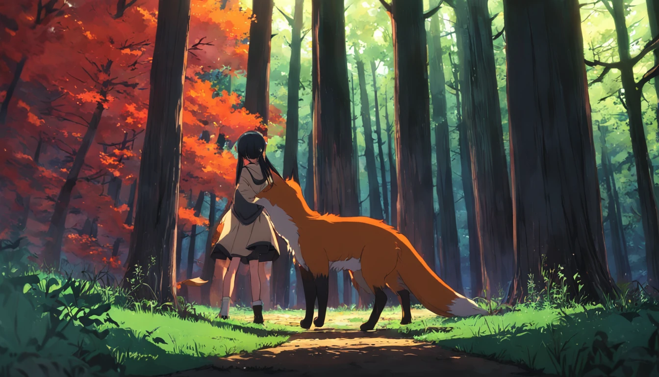 tmasterpiece,best qualityer,cinematic Film still from,1 fox,Close-up,The fox looked up at the forest