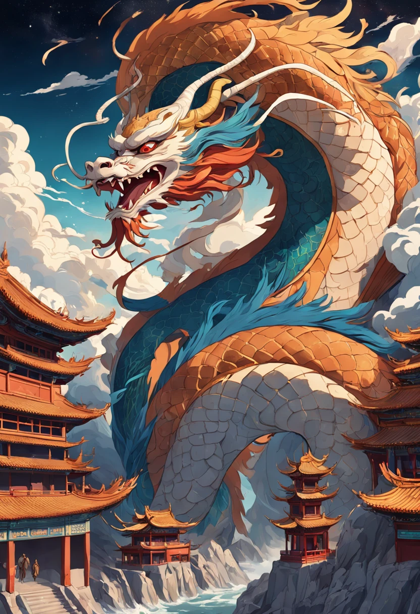 Chinese Dragon, Huge, Huge color images, Golden dragon, Cheyron Masterpiece,shrine,Flying in the sky,Like a serpent,hope,Positive,beautiful