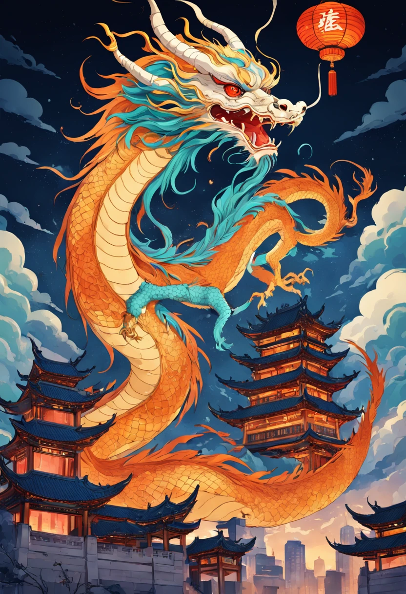 Chinese dragon on Chang'an City, Illustration in Art Nouveau style, Detailed sky, chinapunk, Illustrative narrative, solarizing master, quito school, Visual poetry