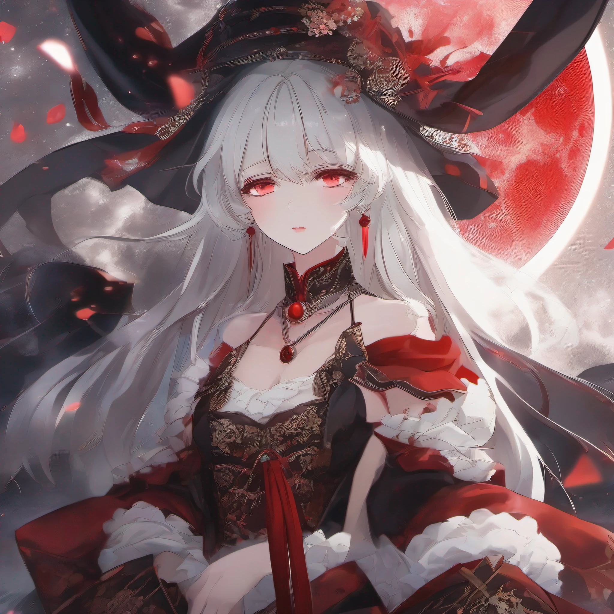 quadratic element,a queen,White hair and red eyes,Black silk queen costume,Feminine and sexy,Red moon background,Japanese anime,Noble, mysterious and gorgeous