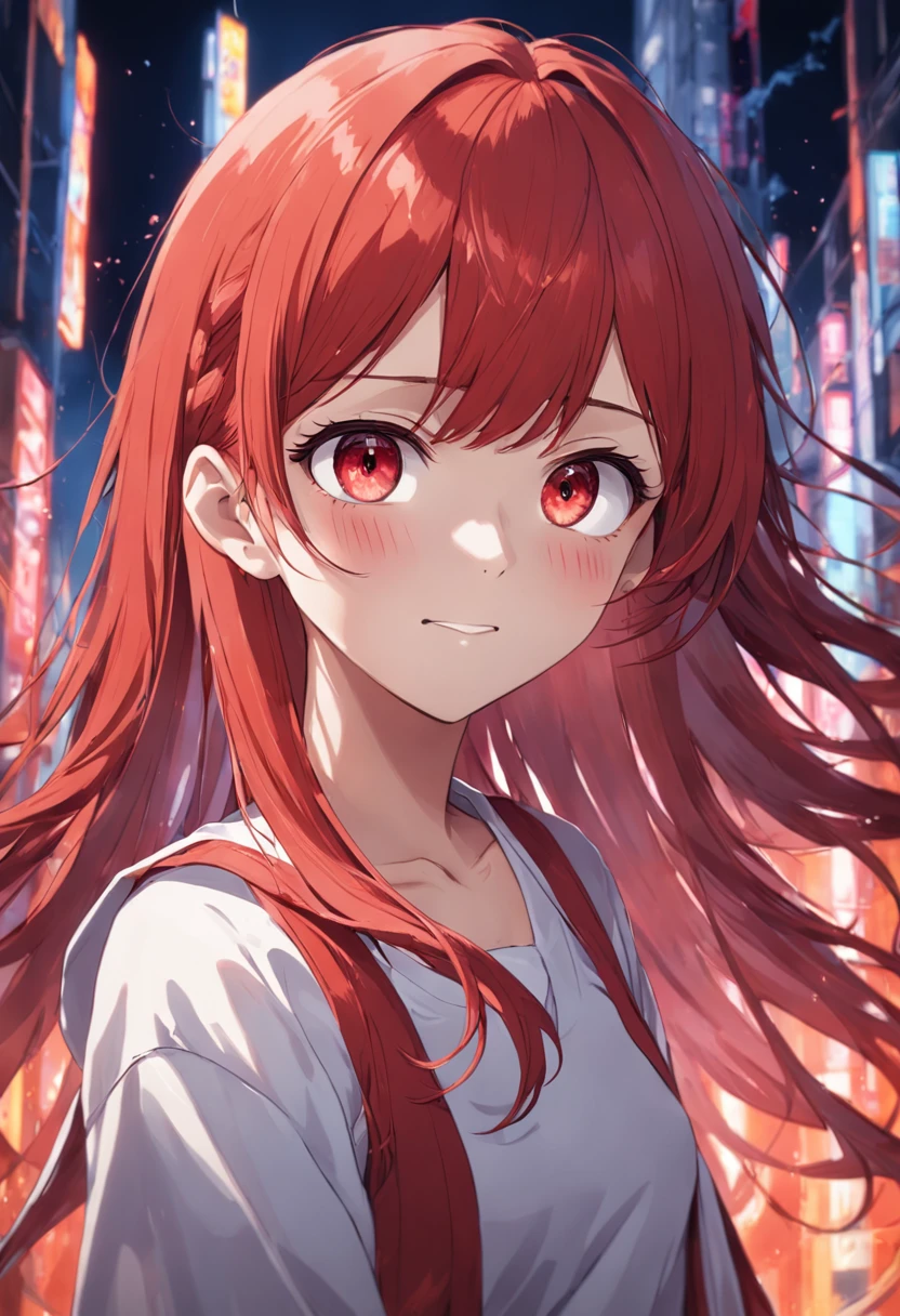 Hair covers half of the face, red hair, blunt bangs, light smile, oral invitation, parted bangs, wince, gradient eyes, Romanticism, Action painting, bust chart, symmetry, pov, f/2.8, modern, depth of field, 16k