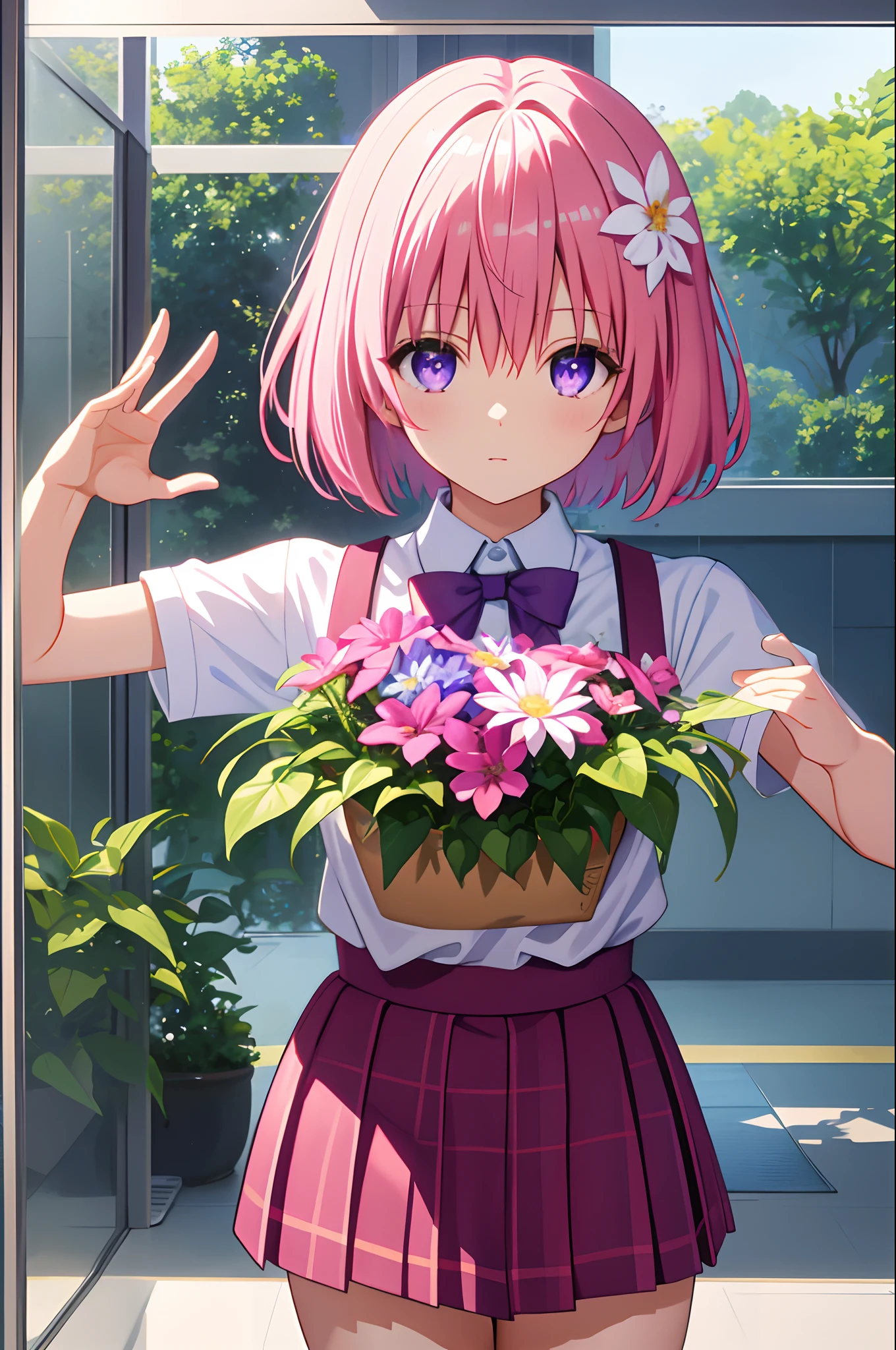 ph momo, momohd, phmomo, solo, 1girl, pink hair, purple eyes, short hair, hair flower, masterpiece, best quality, highres, 1girl, solo, pressing boobs against glass