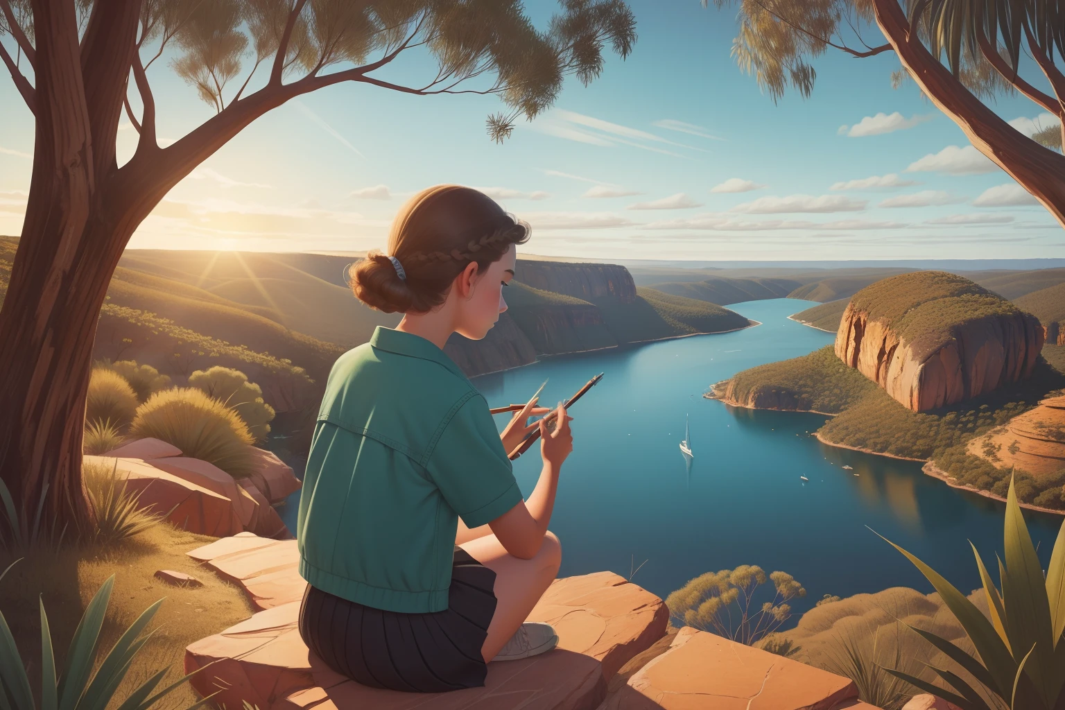 Date: 1954
Location: Australia
Description: A teenage artist sketches amidst the picturesque Australian wilderness, her concentration mirroring the depth of her creative passion.