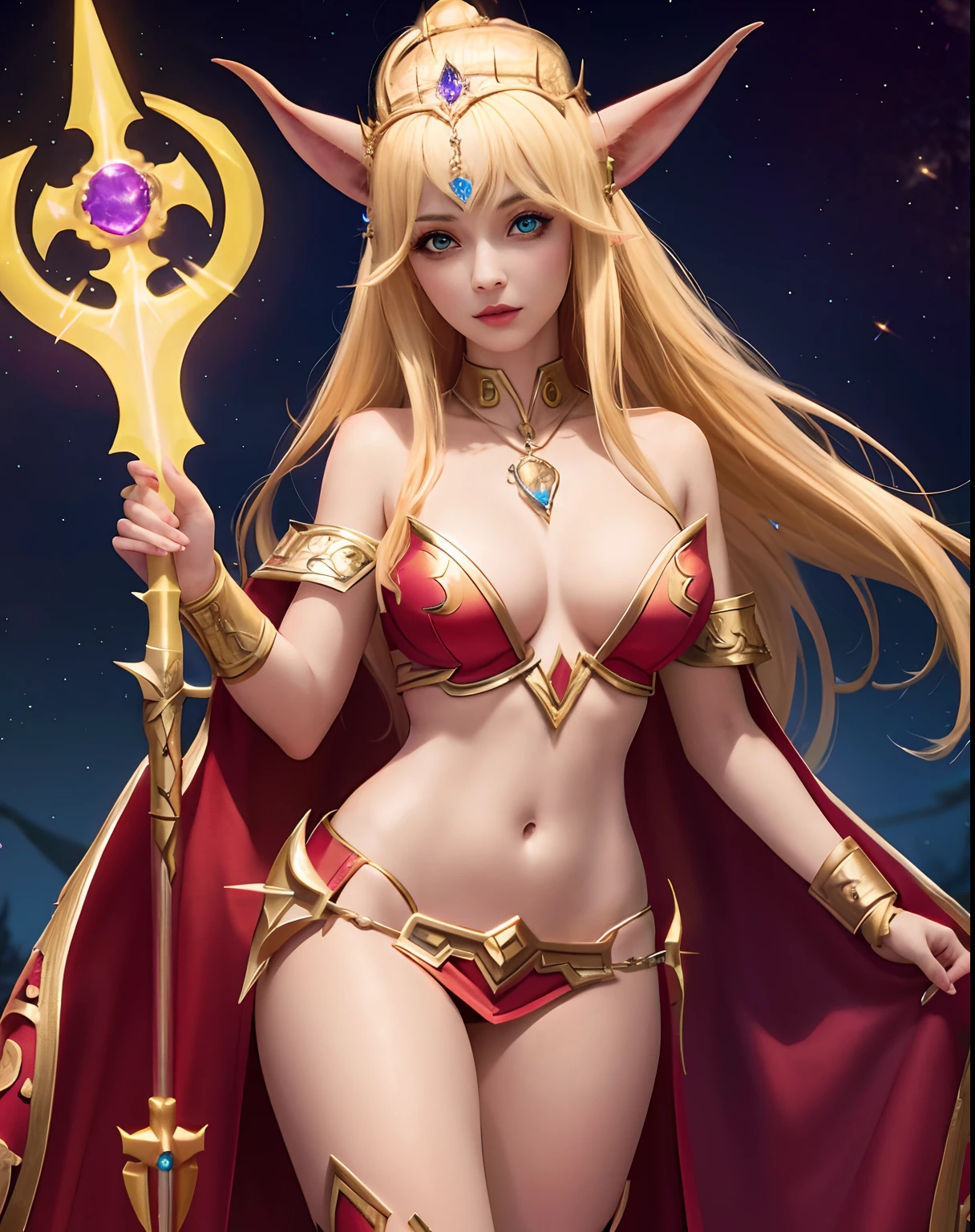 Warcraft Blood Elf Female Priest Full body photo, slender figure, radiant, holding a wand in one hand, showing her navel and wearing a golden crown on her head