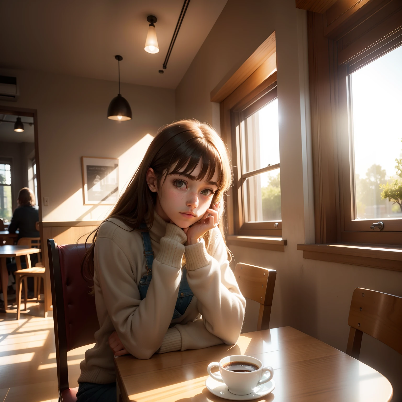 Afternoon time,Inside the café,A normally dressed age girl sits at a table drinking coffee,Sunlight shines through the windows
