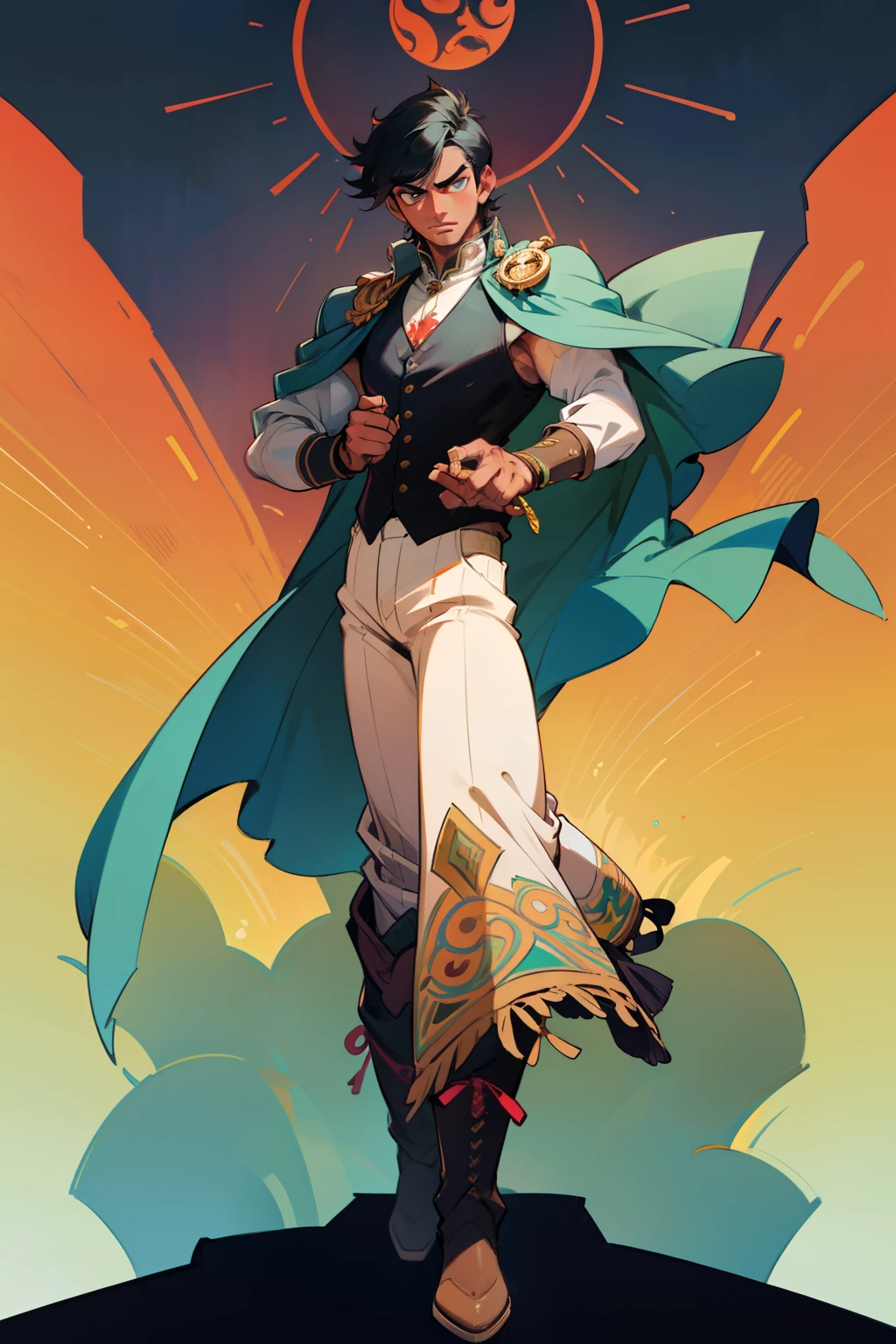 Create a male character, a determined young man with light and dark skin and black hair. His imposing gaze reflects malice on his deep-rooted Mexican heritage. He wears a mariachi suit inspired by the charro tradition: shirt, pants and vest richly decorated with the colors of the sunset. Worn charro boots and elegant cape over one shoulder. Jade and obsidian knuckles on the hands, Symbol of strength and connection to the earth. . The rich details show his commitment to Mexican culture and traditions.