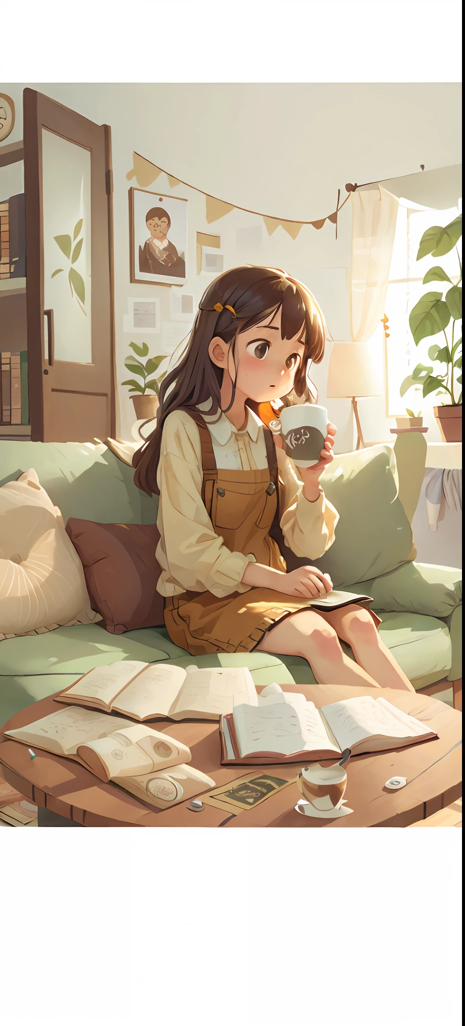 Best quality, realistic details, (illustration), (volume lighting), (warm light), 1 girl, sitting sofa, drinking tea, living room, sofa, coffee table, books, throw pillows, plants
