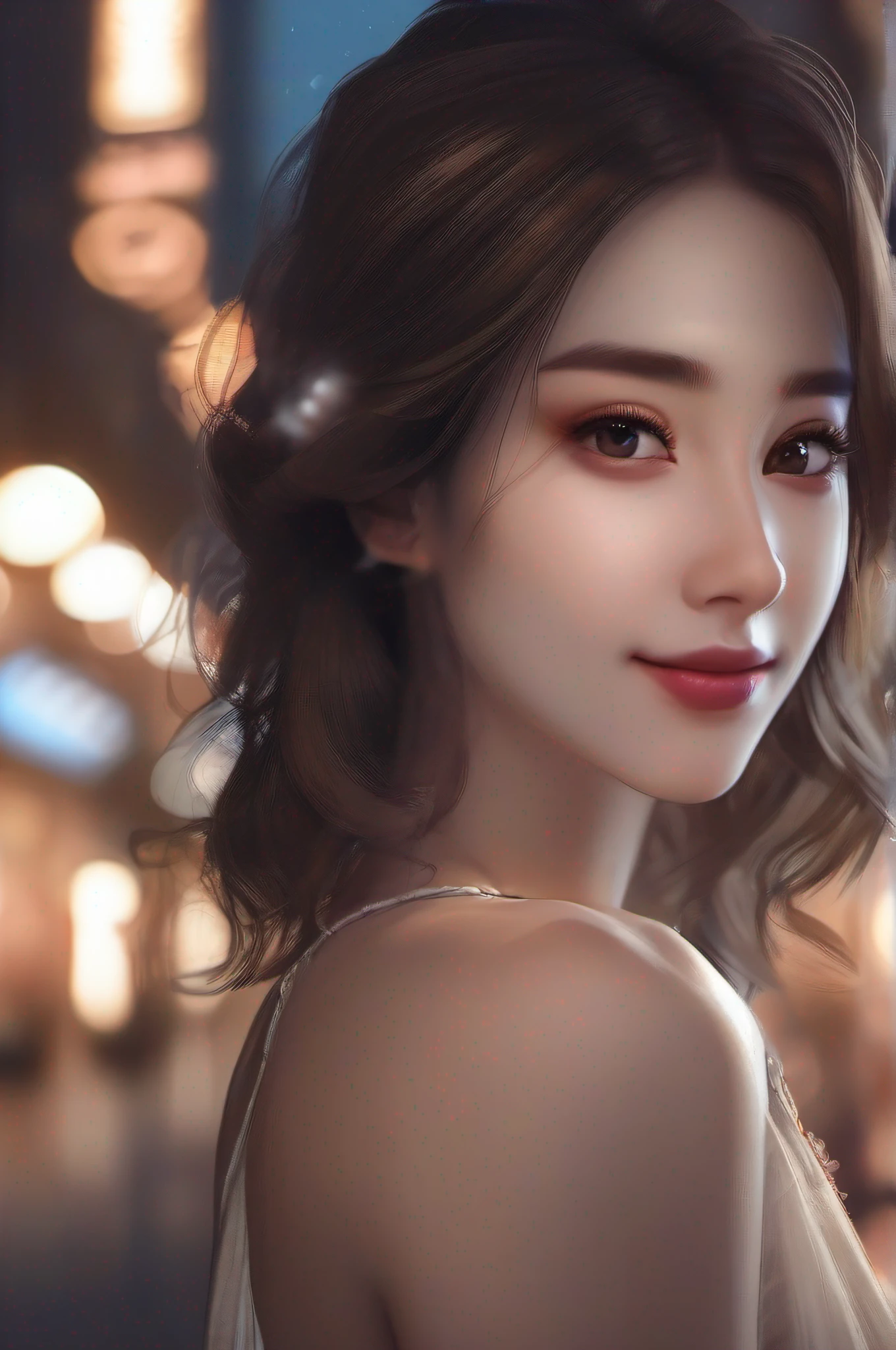 ((Best quality, 8k, Masterpiece :1.3)), 1girl, smiling, full body, slim face, Pretty woman, (Dark brown hair), full length dress :1.1, Ultra-detailed face, Detailed eyes, Double eyelid, blur background, slim face, city, outside, street,