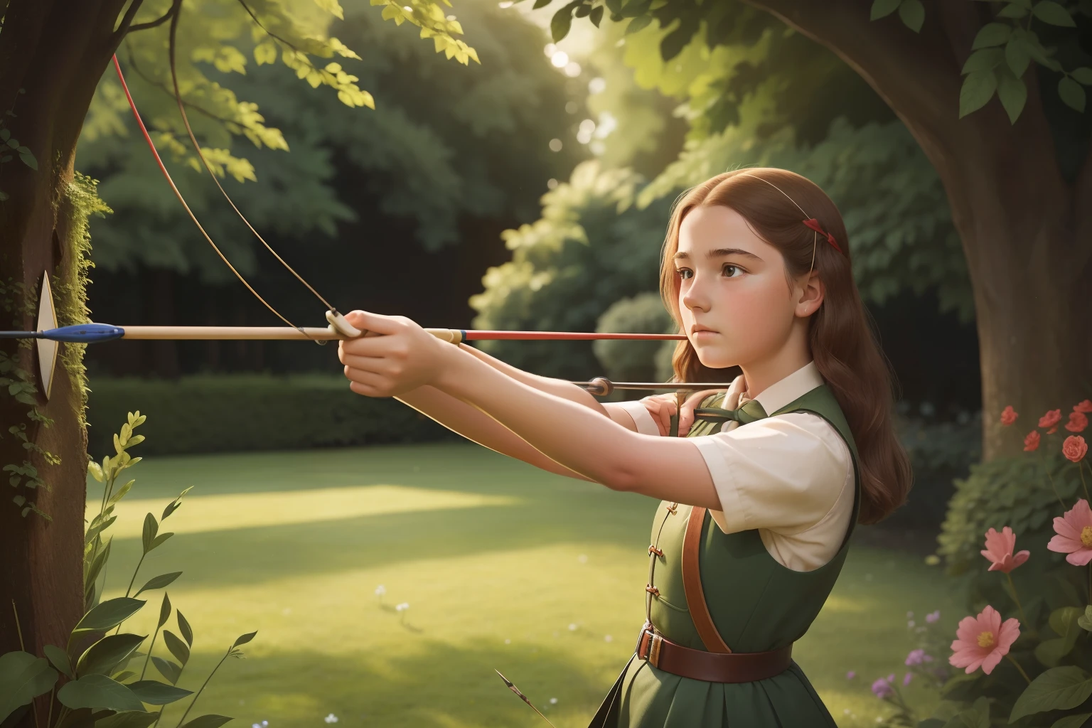 Date: 1940
Location: England
Description: A ager practices archery in a sunlit English garden, her focused expression reflecting both determination and the innocence of youthful hobbies.
