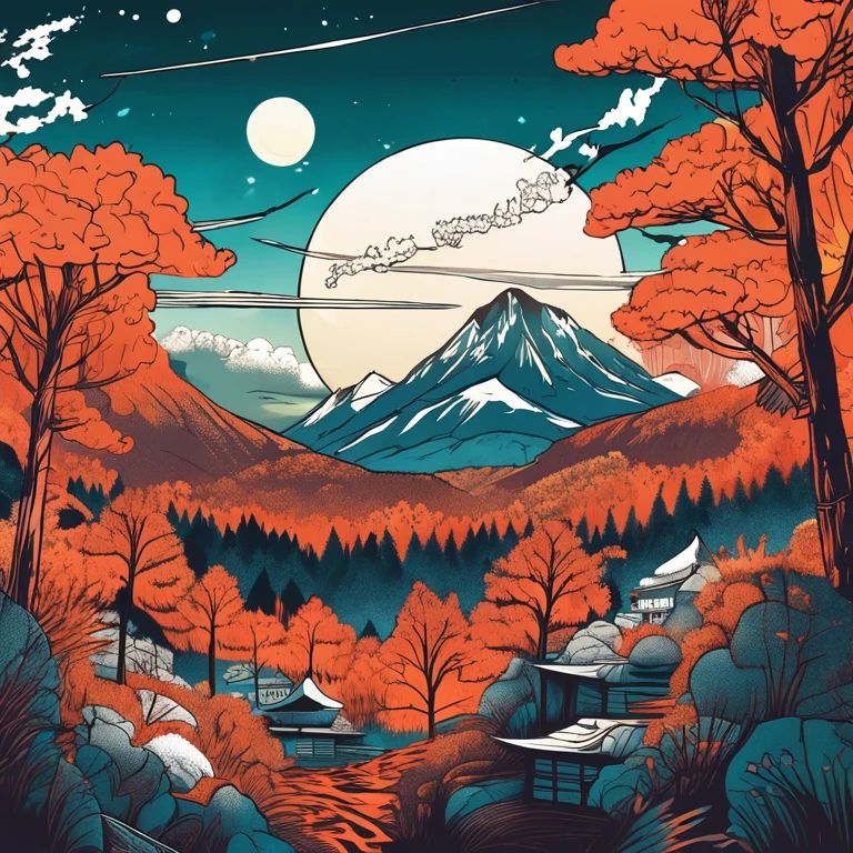 Intricate painting details of Japanese forests, By range Murata, galaxy in background, Clouds, vivd colour, High contrast, Mountain, vector line art, orange highlights, trending in pixiv, anime concept art, Stick, Mattire, high high quality, Edge to edge, Sanskrit,a lot of sunflowers