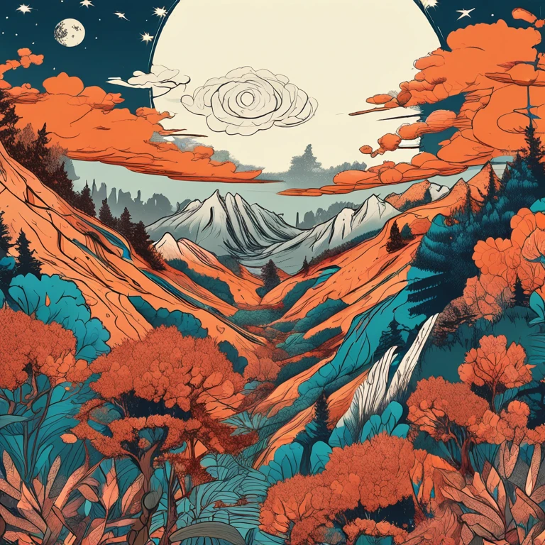Intricate painting details of Japanese forests, By range Murata, galaxy in background, Clouds, vivd colour, High contrast, Mountain, vector line art, orange highlights, trending in pixiv, anime concept art, Stick, Mattire, high high quality, Edge to edge, Sanskrit,a lot of sunflowers