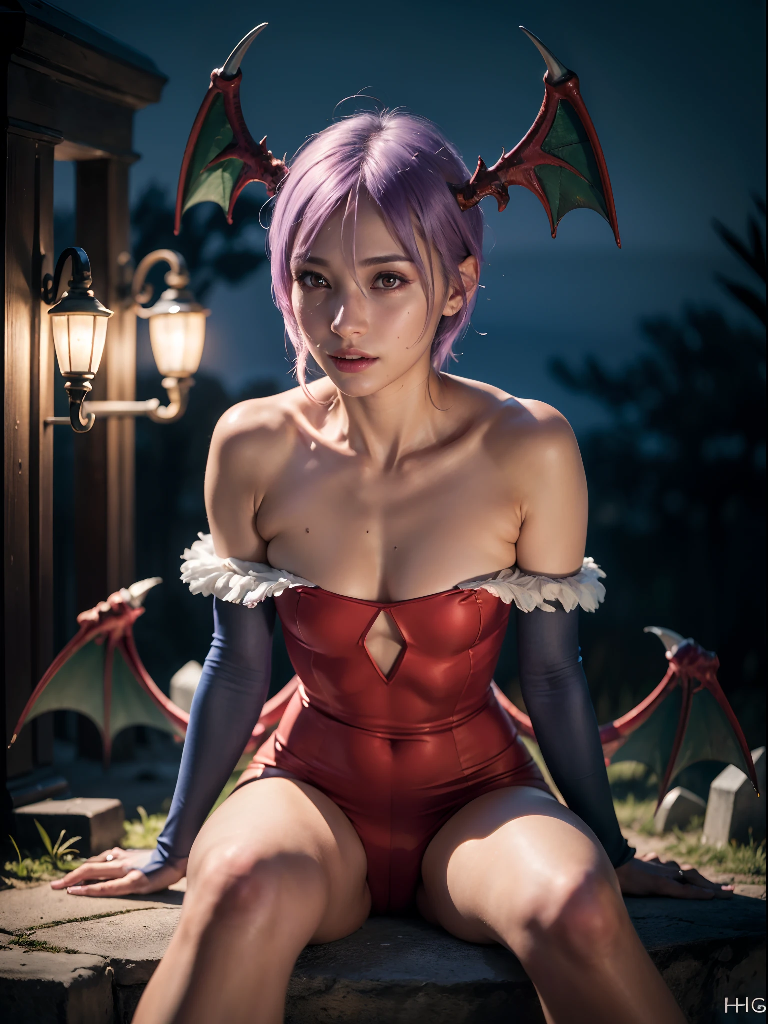 ((Masterpiece)), (high resolution:1.4), (sitting:1.2), (dinamic pose:1.4), lilith aensland, wings, violet hair, looking at viewer, beautifull smile, (graveyard at night), dark castle outside at night, beautiful face, highly detailed skin, skin pores, (highly detailed face:1.1), (highly detailed eyes:1.1), realistic pupils, full face blush, full lips, (perfect anatomy:1.1), (perfect proportions:1.1), (photography:1.1), (photorealistic:1.1), volumetric lighting, dynamic lighting, real shadows, (highres:1.1), sharp focus, (realistic, hyperrealistic:1.4), intricate, high detail, dramatic, subsurface scattering, big depth of field, vivid, polished, sharpened, ((full Sharp)), (extremely absurdres),16k hdr, nightlight