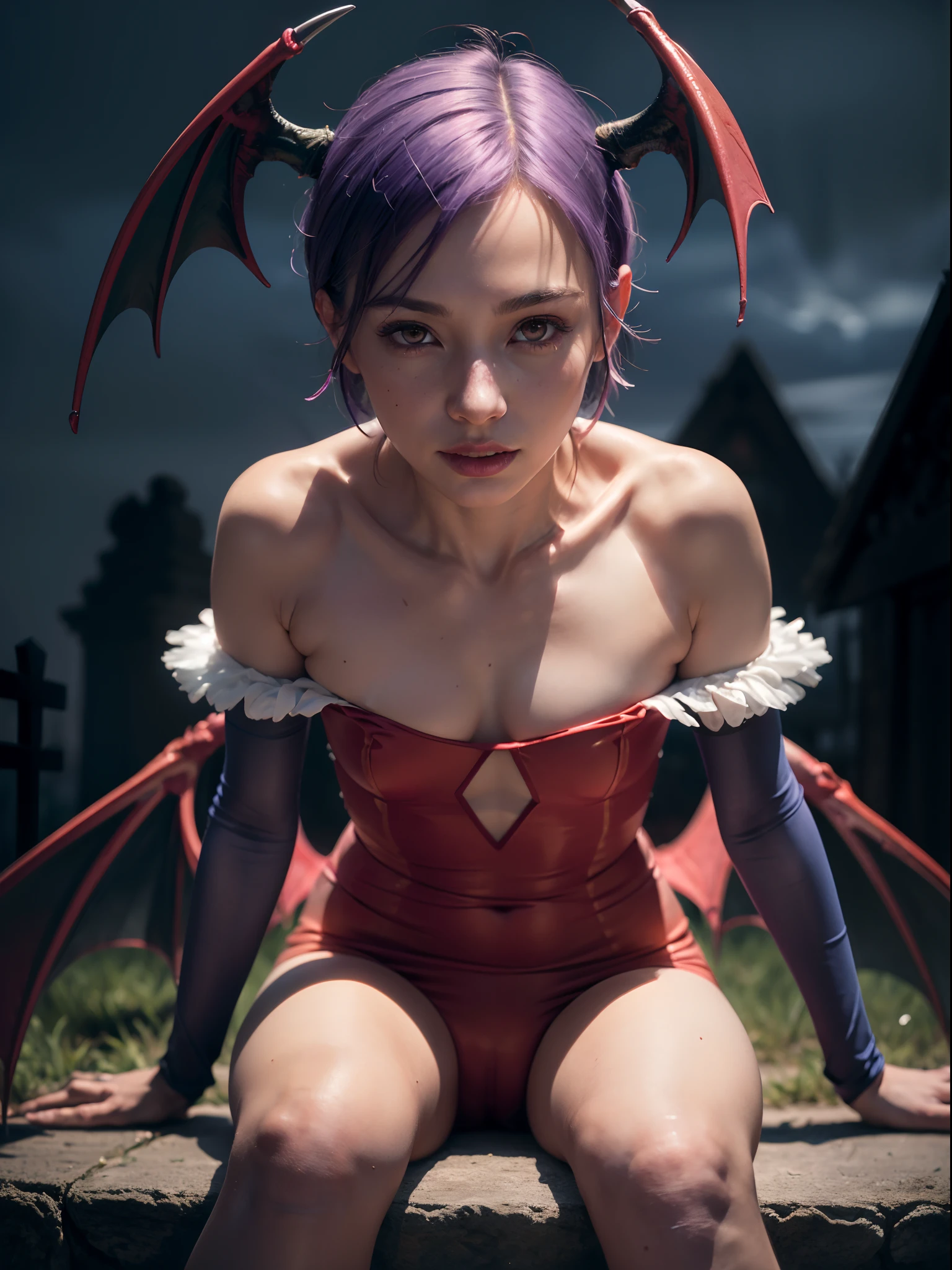 ((Masterpiece)), (high resolution:1.4), (sitting:1.2), (dinamic pose:1.4), lilith aensland, wings, violet hair, looking at viewer, beautifull smile, (graveyard at night), dark castle outside at night, beautiful face, highly detailed skin, skin pores, (highly detailed face:1.1), (highly detailed eyes:1.1), realistic pupils, full face blush, full lips, (perfect anatomy:1.1), (perfect proportions:1.1), (photography:1.1), (photorealistic:1.1), volumetric lighting, dynamic lighting, real shadows, (highres:1.1), sharp focus, (realistic, hyperrealistic:1.4), intricate, high detail, dramatic, subsurface scattering, big depth of field, vivid, polished, sharpened, ((full Sharp)), (extremely absurdres),16k hdr, nightlight