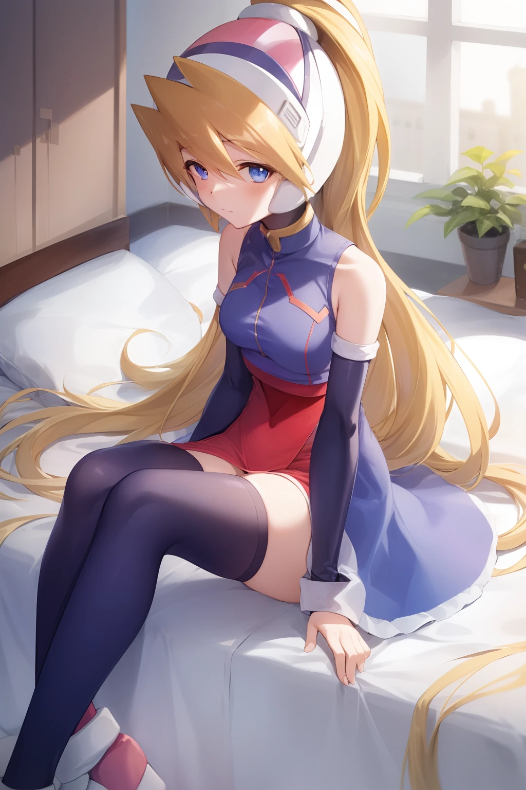 ciel_megamanz, 1girl in, 独奏, length hair, blue eyess, blonde  hair, poneyTail, head gear, looking at away, stele \(Skysky\), teats,