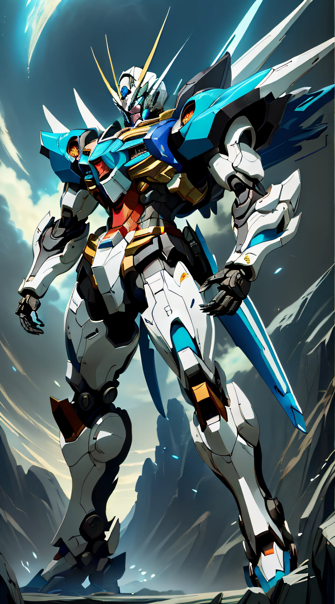 Close-up of robot in blue light, Medium Shot Shot，The upper part of the body,jazza and rossdraws, krenz cushart and wenjun lin, rossdraws and jazza, Mecha warrior style, modern mecha anime, style of anime4 K, Mobile Suit, anime mecha aesthetic, ethereal and mecha theme, Detailed digital anime art, cool mecha style, mecha anime