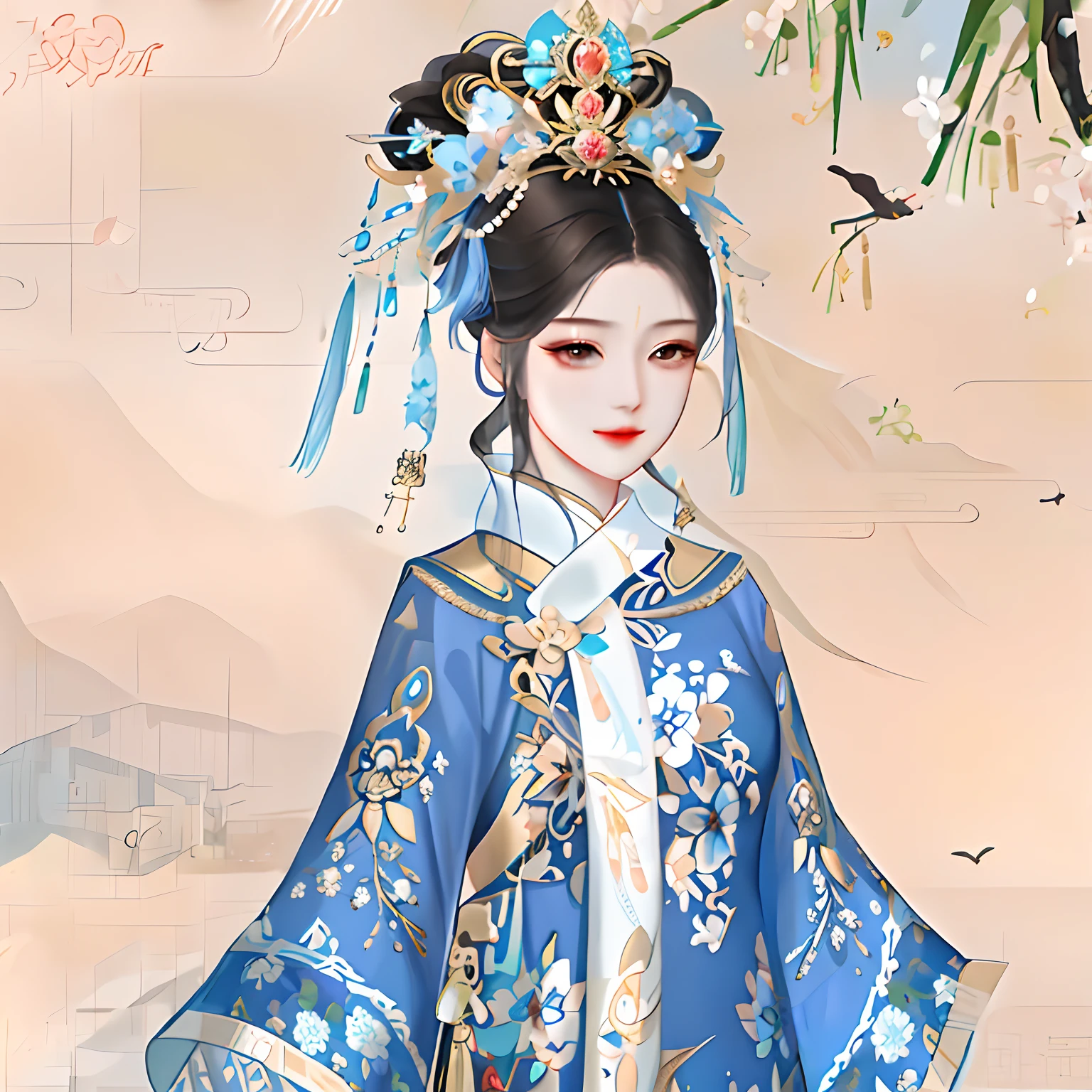 Higher quality,high detal, 超高分辨率, 8K分辨率,Works of masters,Best picture quality, depth of fields, cinematic photogtaphy, intricately details, carefully, meticuloso, glorious, max detail,There was a woman in a blue dress and a bird flying by, Palace , A girl in Hanfu, a beautiful fantasy empress, Princesa chinesa antiga, ancient asian dynasty princess, Wearing ancient Chinese clothes, imperial royal elegant clothing, Hanfu, Chinese costume, , wearing ornate silk clothes, Inspired by Qiu Ying, with acient chinese clothes