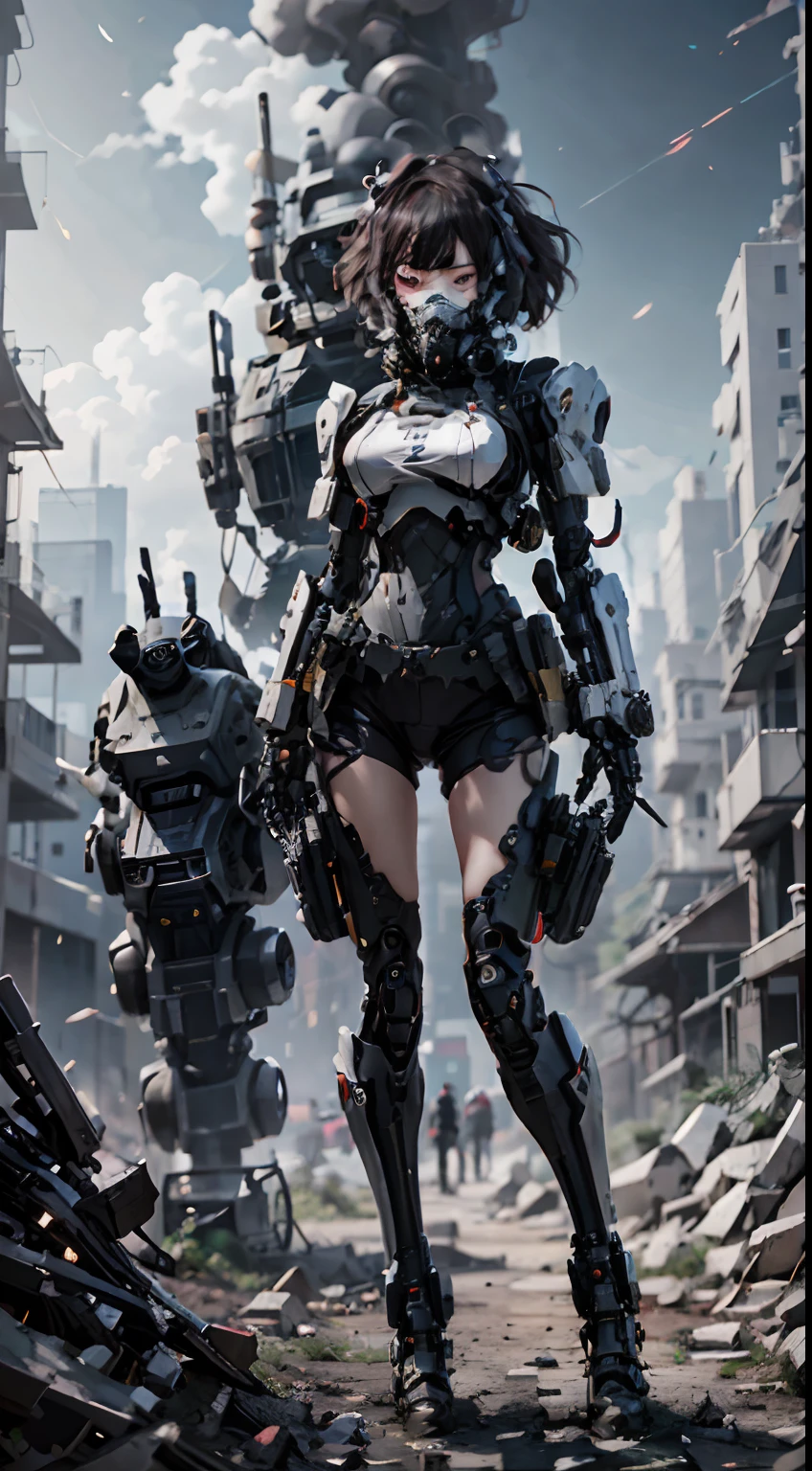 This is a CG Unity 8k wallpaper with ultra-detailed, high-resolution and top quality in cyberpunk style, dominated by black and red. In the picture, a beautiful girl with white messy short hair, a delicate face, wearing a steam mecha mask, standing on the ruins, behind her is a huge robot, and the action of a woman holding a heavy sniper rifle in her hand,