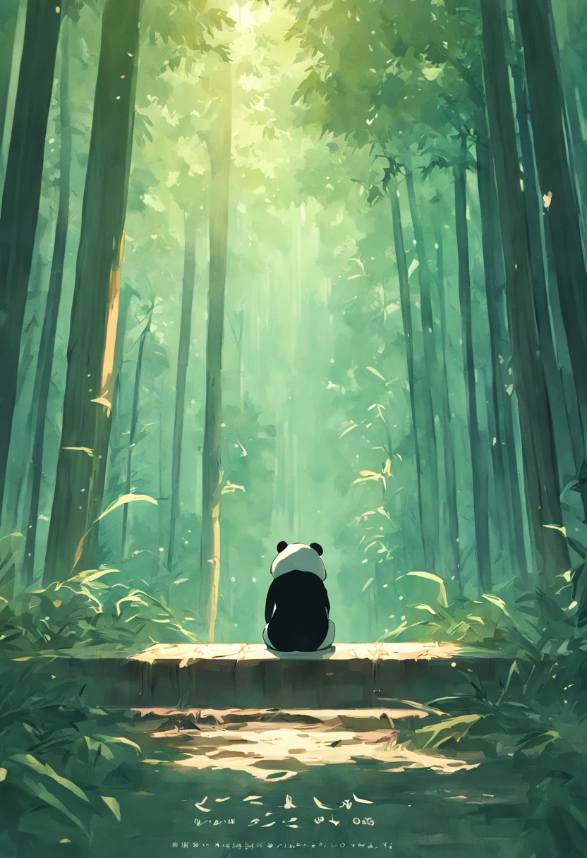 A sad panda sits on a bench, Face away from the camera，Looking Up The Sky，shot from a far distance，tmasterpiece, best qualityer, cinematic Film still from, ，bamboo forrest，movie light effect，Wide-angle environment，Movie Angle，Best quality，rendering by octane，超詳細
