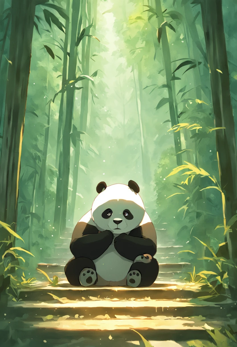 A sad panda sits on a bench, Face away from the camera,Looking Up The Sky,shot from a far distance,tmasterpiece, best qualityer, cinematic Film still from, ,bamboo forrest,movie light effect,Wide-angle environment,Movie Angle,Best quality,rendering by octane,超詳細