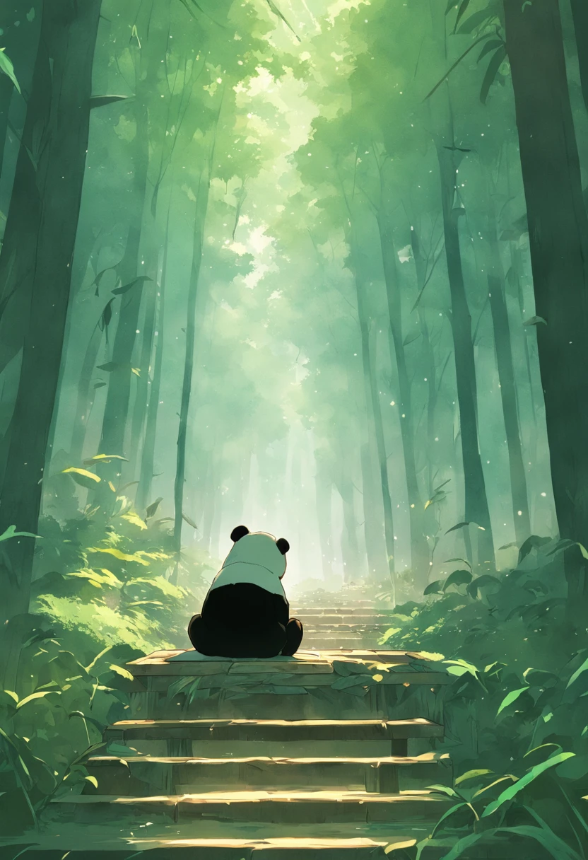 A sad panda sits on a bench, Face away from the camera，Looking Up The Sky，shot from a far distance，tmasterpiece, best qualityer, cinematic Film still from, ，bamboo forrest，movie light effect，Wide-angle environment，Movie Angle，Best quality，rendering by octane，超詳細