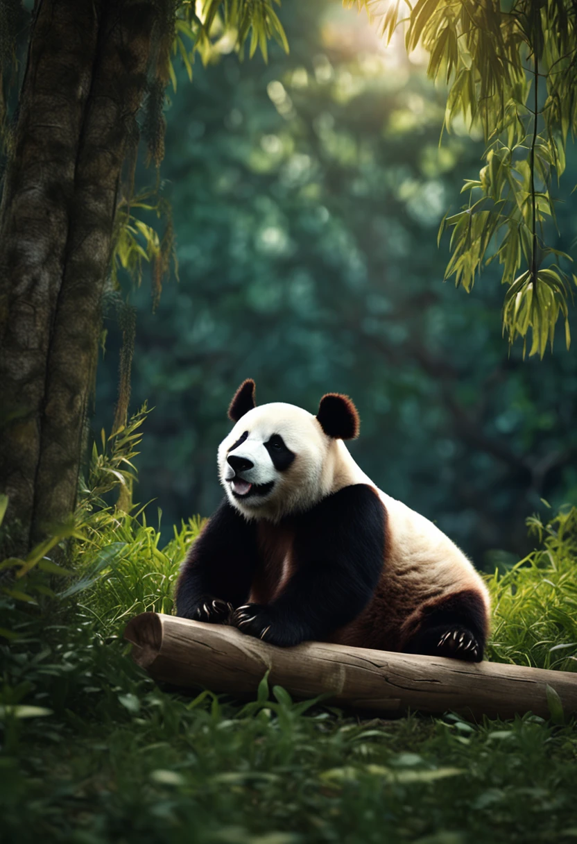 A sad panda sits on a bench, Face away from the camera，Looking Up The Sky，shot from a far distance，tmasterpiece, best qualityer, cinematic Film still from, ，bamboo forrest，movie light effect，Wide-angle environment，Movie Angle，Best quality，rendering by octane，超詳細