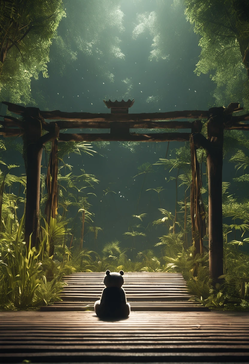 A sad panda sits on a bench, Face away from the camera,Looking Up The Sky,shot from a far distance,tmasterpiece, best qualityer, cinematic Film still from, ,bamboo forrest,movie light effect,Wide-angle environment,Movie Angle,Best quality,rendering by octane,超詳細
