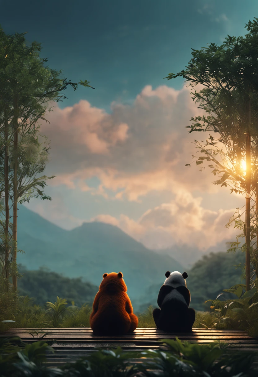 A sad panda sits on a bench, Face away from the camera,Looking Up The Sky,shot from a far distance,tmasterpiece, best qualityer, cinematic Film still from, ,bamboo forrest,movie light effect,Wide-angle environment,Movie Angle,Best quality,rendering by octane,超詳細