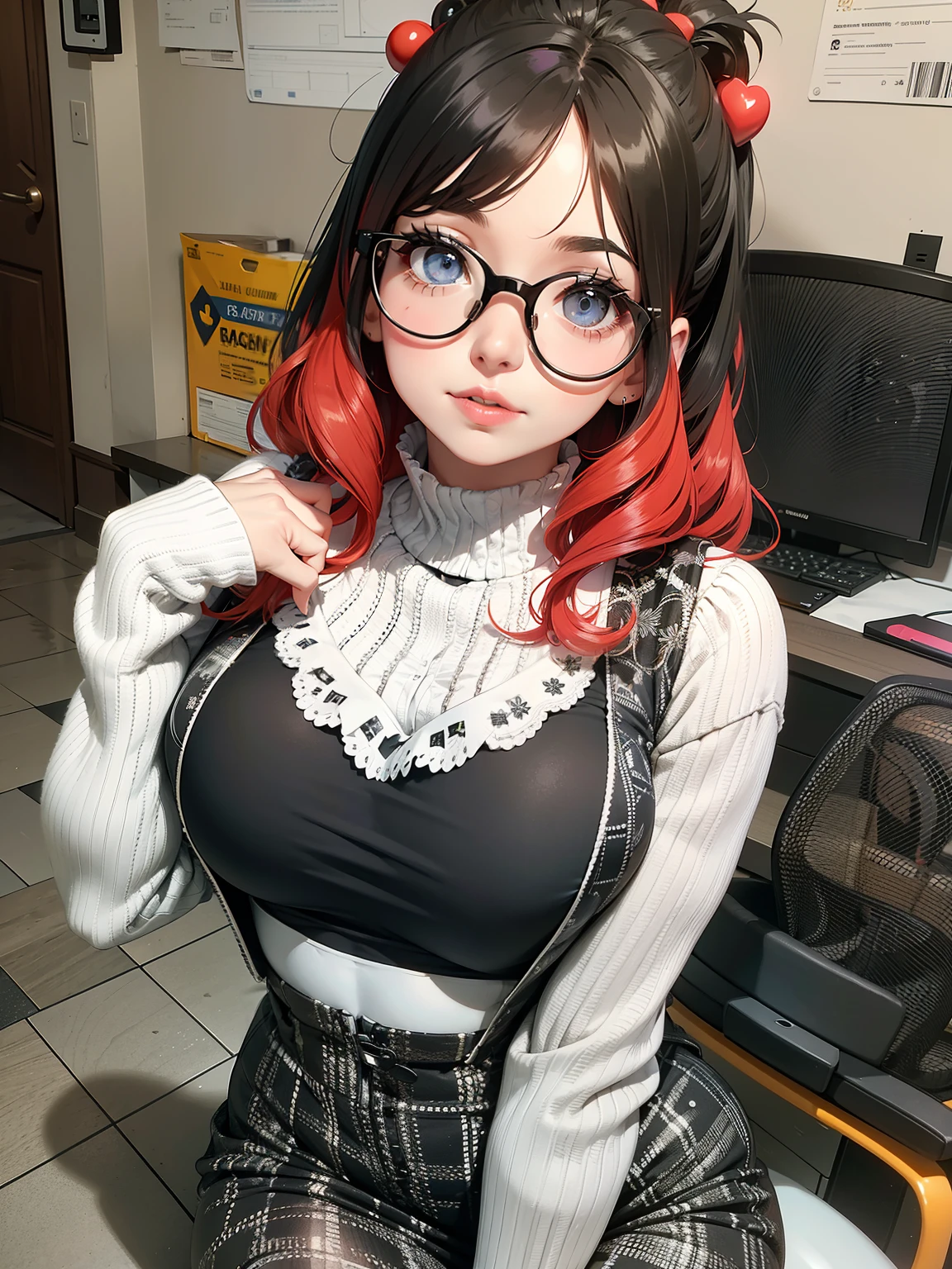 there is a woman with a black and white dress, young beautiful amouranth,  y 2 k cutecore clowncore, thicc, some glints and specs, nerdy, 8k