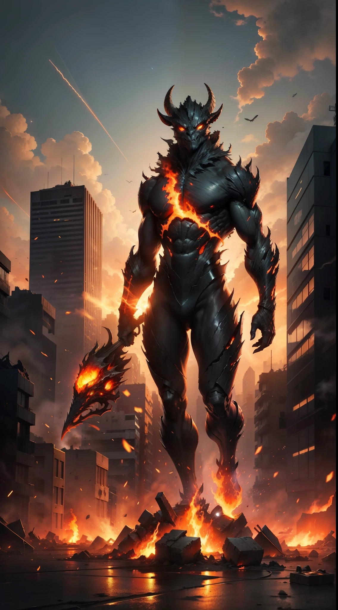 In being blown up, Ruined cityscape, The streets were shelled，damaged streets，The windows were shattered，[（terroral）+（Goat-faced humanoid monster）]Standing on the lava below casts a shadow. Its eyes, Glows like embers,. The flames dancing around the body create mesmerizing displays of light and color.