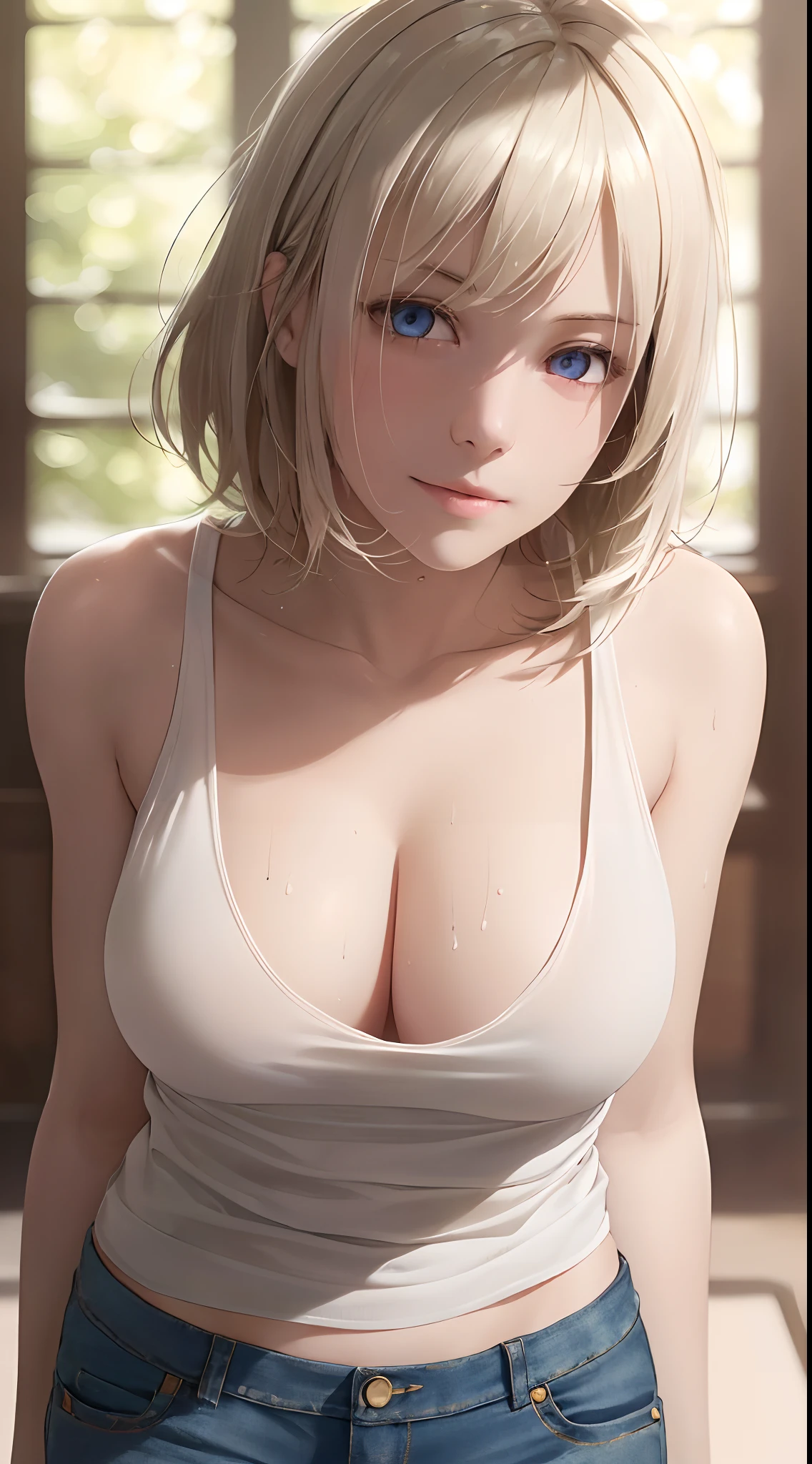 ((((masterpiece, best quality, high resolution)))), Extremely detailed 8K, Beautiful girl with slender body, (Ultra HD, Ultra-detailed, Highly detailed, Highly realistic, Ultra-realistic, photograph realistic), (1girl:1.5), (Realistic white hair), short wavy hair, bob cut, (dynamic poses), facing at camera, light smile, purple eyes, average breasts, (beautiful detailed face, beautiful detailed eyes), (white tank top, thin material), cleavage, dark jean shorts, glow, sweat, (sunbeam, sunlight)