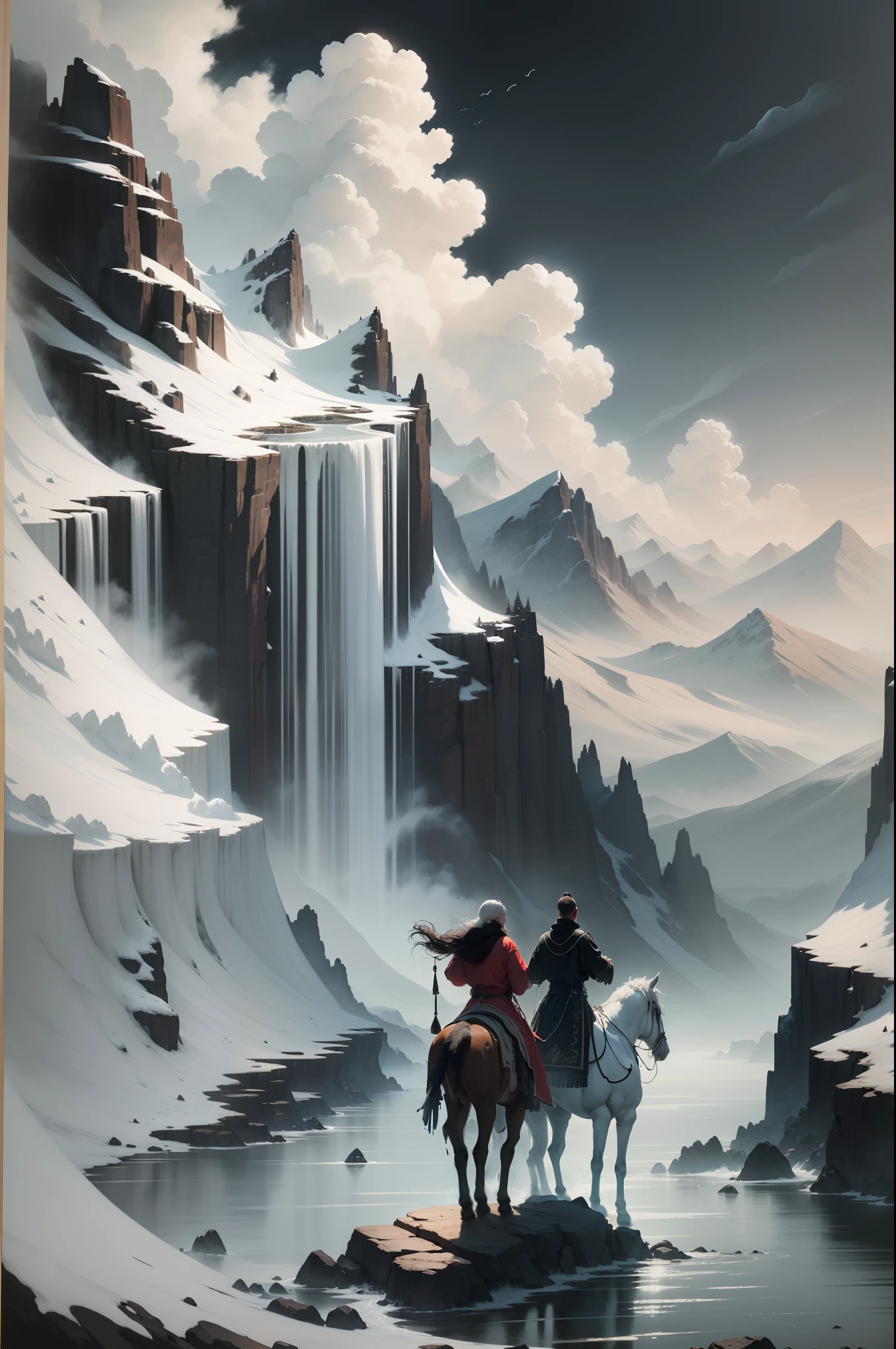 //1 ink painting consisting only of black, white and red，3 high mountains，Water flows through the middle of the mountain，（A Taoist priest riding a white horse and a three-colored fur kitten followed and stood on the cliff looking into the distance）,（Ink master works）,Ink Painting Style - --auto --s2