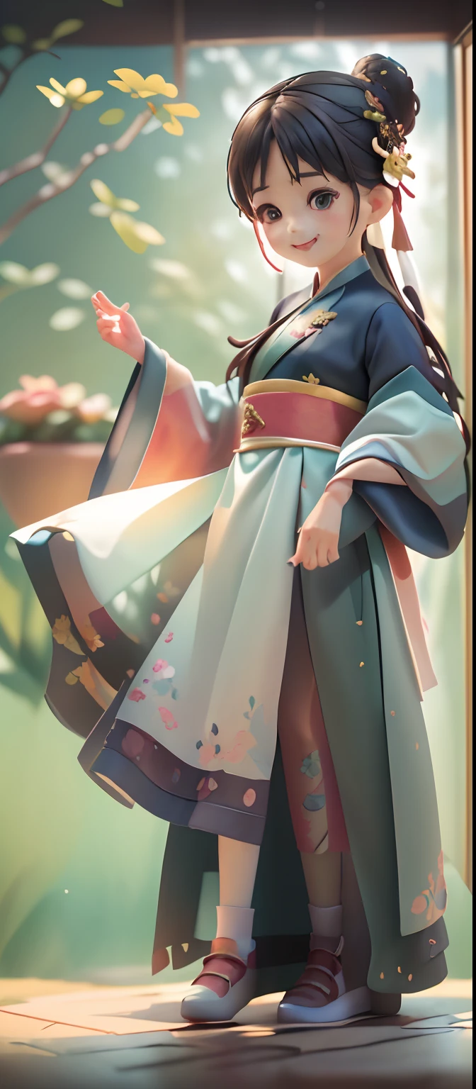 A Chinese woman who looks feminine and pampered，Movie Angle,( cute female child,Anatomically correct,full bodyesbian,Masterpiece camellia,Representative work Hanfu,Smile),(illustration,paper art,a 3D render),(Extremely colorful, Best quality, high detal, Masterpiece, Cinematic lighting, 4K, Chiaroscuro)