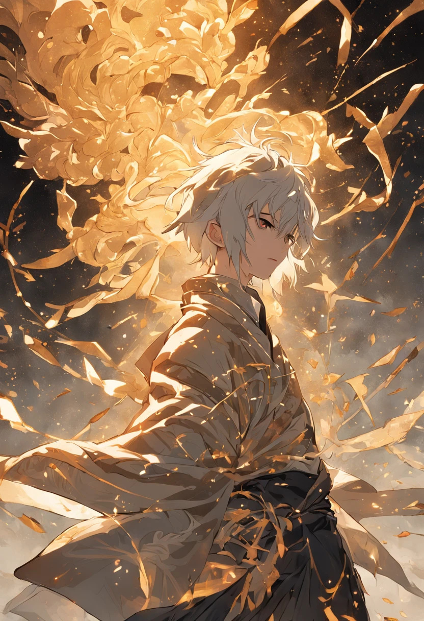Cover of the Shogun short story collection, A black background, deepwhite and light gold, rompe l'oeil details, genderless, Cheng Yanjun, clamp, extreme richdetail. contemplative mood, Refine the hands, 16K - - with 3: 4
