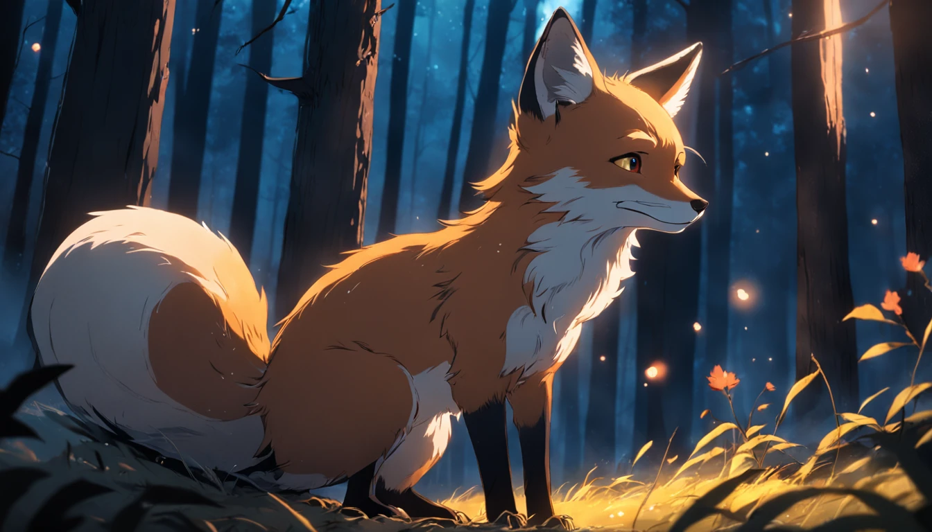 tmasterpiece, best qualityer, cinematic Film still from, 1fox, Close-up, brightly, cheerfulness, Soft lighting and warmth, natta, The fox looks up at the stars in the forest