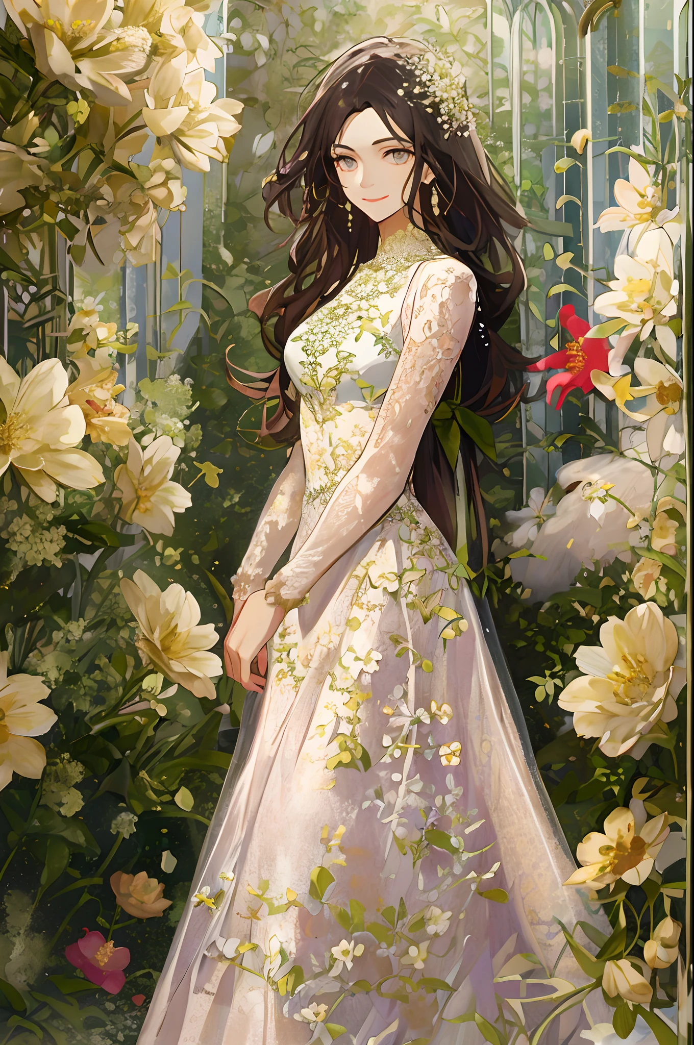 tmasterpiece,best qualityer,1 beautiful woman,dances,Fashionab,Delicate eyes and delicate face,Gorgeous long dress,Complicated details,cheerfulness,ssmile,fresh flowers