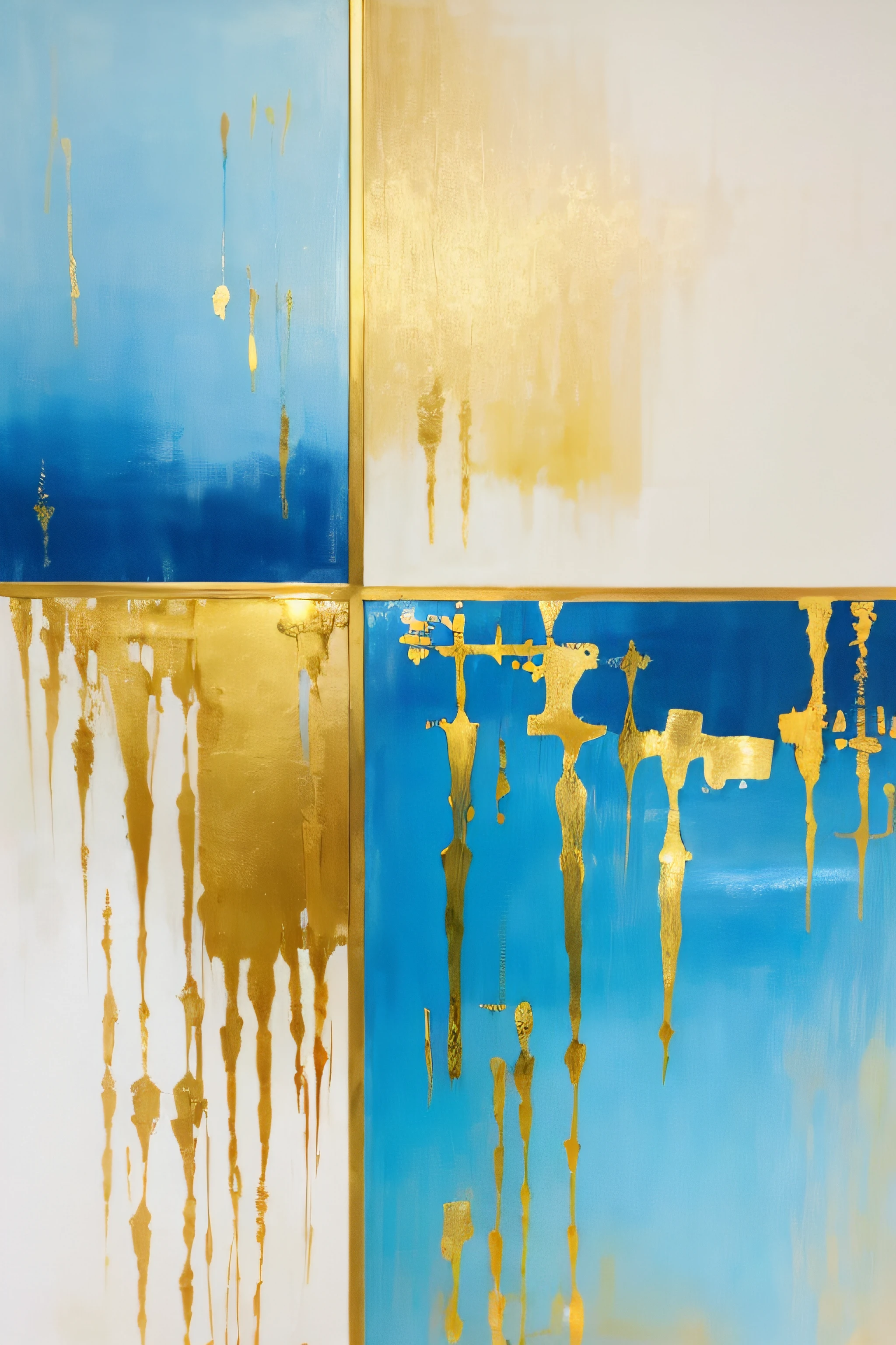 Alafard painted the beach gold and blue, Blue and gold color palette, highly abstract, blue colors、White and gold, abstract design. Blue, abstract maximalist painting, Blue and gold, elegant and refined painting, Geometric drip ink background, Gold and indigo, Drip oil painting, abstract paintings