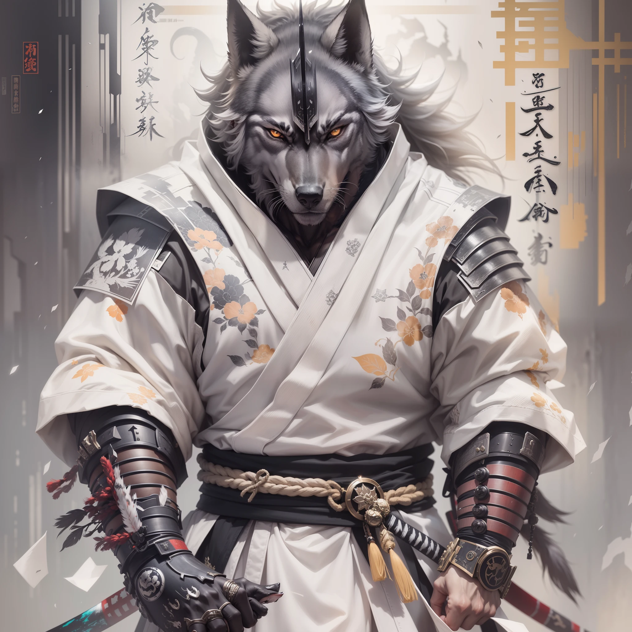 A muscular wolf samurai from a cyberpunk movie. He wears white armor. He is facing forward. He is posed drawing the Japanese sword at his waist. Pale aura from his back. Detailed writing. The entire painting is styled in black.