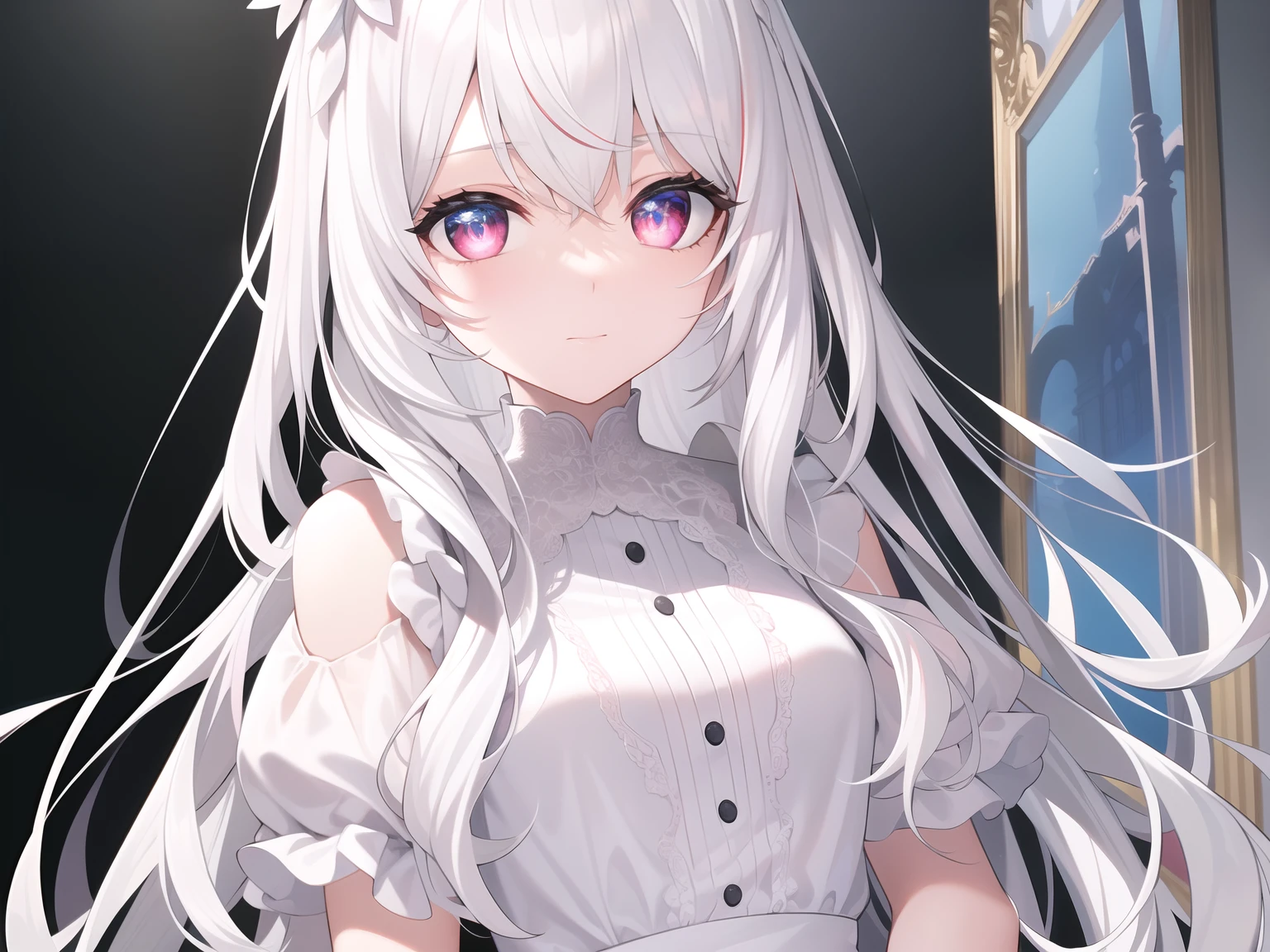 ((Masterpiece, Best quality))++, Detailed light+,  Detail hair+, detail hand+ ,1girll, woman, Long hair,   Crimson eyes,  Beautiful eyes, Young gray hair,,(Beautiful white hair:1.5),(Beautiful detailed eyes),    high resolution+,   blacksilk  ， a black skirt, Glass tones, Reflective eyes,   {{Angle}} , extremelydetailedwallpaper, Original, ,