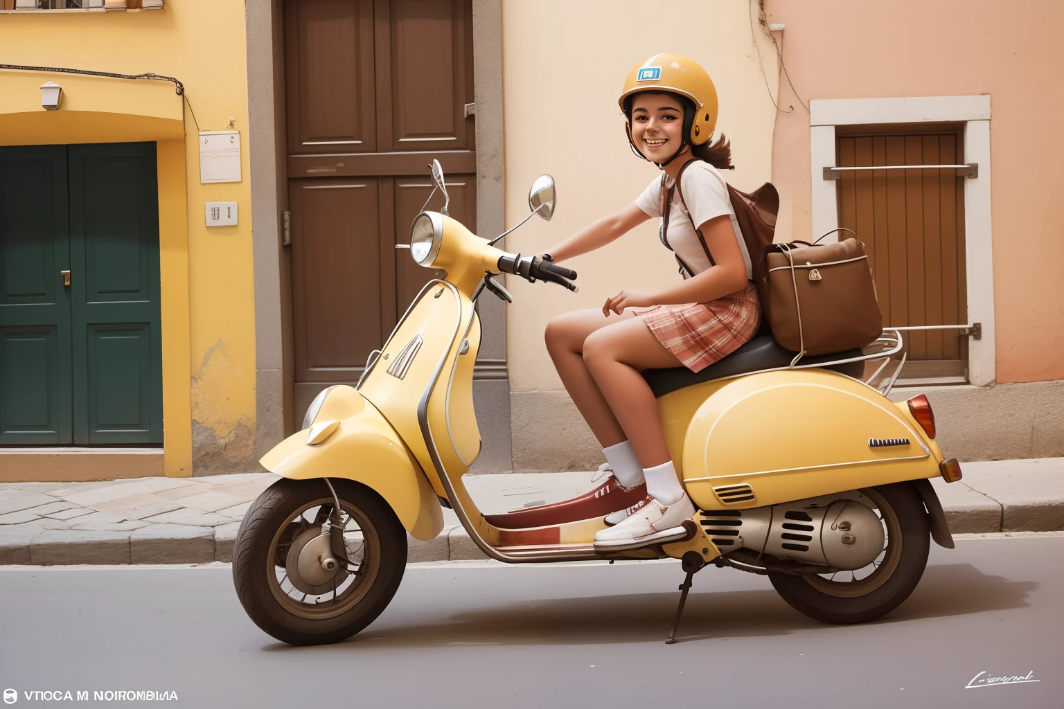 Date: 1982
Location: Italy
Description: A ager playfully rides a vintage Italian Vespa through the sun-drenched streets, her carefree smile capturing the spirit of exploration.