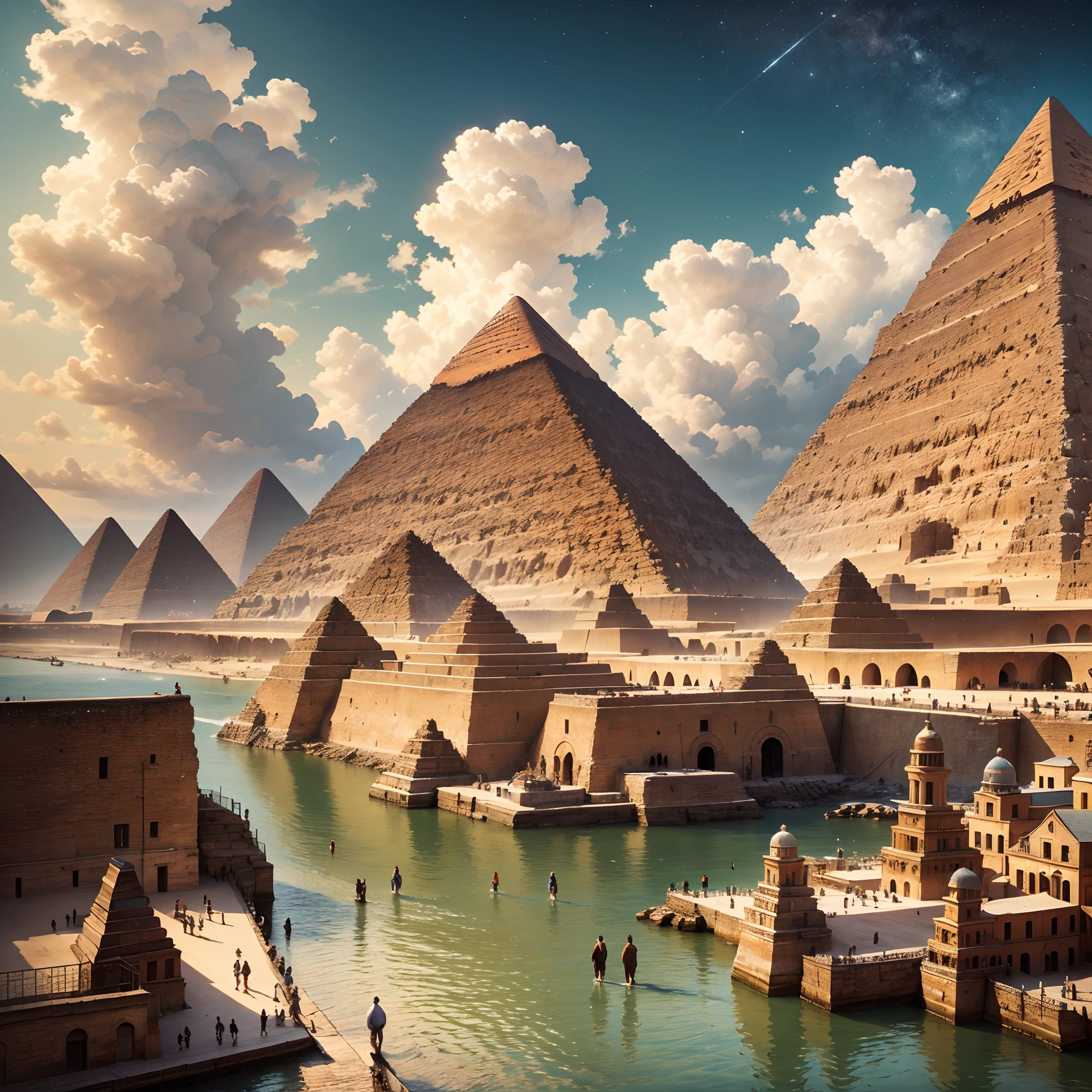 (Great Pyramid surrounded beautiful city, with lots of people strolling), landscape, water, (16k wallpaper of extremely detailed CG unit), most beautiful works of art in the world, majestic oil painting professional, intricate, high detail, sharp focus, dramatic and photorealistic painting art